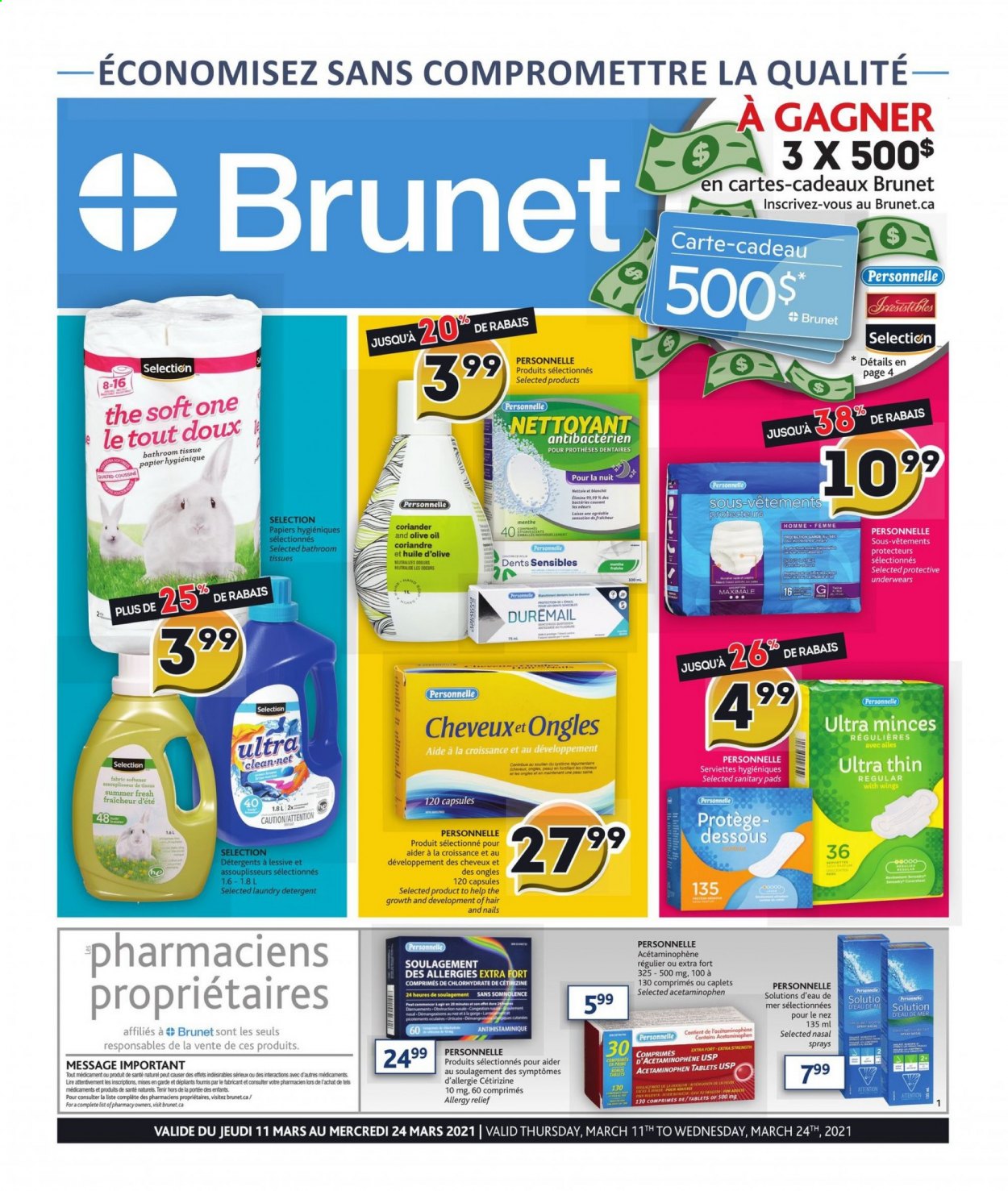 thumbnail - Brunet Flyer - March 11, 2021 - March 24, 2021 - Sales products - bath tissue, fabric softener, laundry detergent, sanitary pads, allergy relief. Page 1.