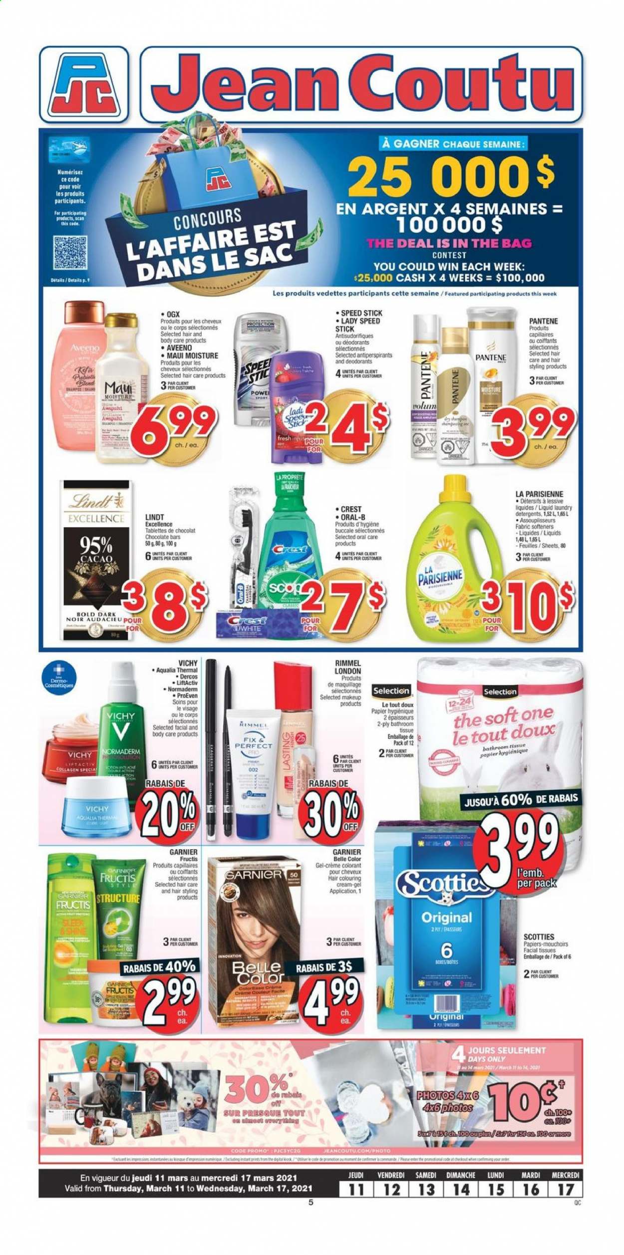 thumbnail - Jean Coutu Flyer - March 11, 2021 - March 17, 2021 - Sales products - Mars, chocolate bar, Aveeno, bath tissue, Vichy, Crest, facial tissues, OGX, Maui Moisture, Fructis, Speed Stick, makeup, Rimmel, Garnier, Pantene, Oral-B, deodorant. Page 1.