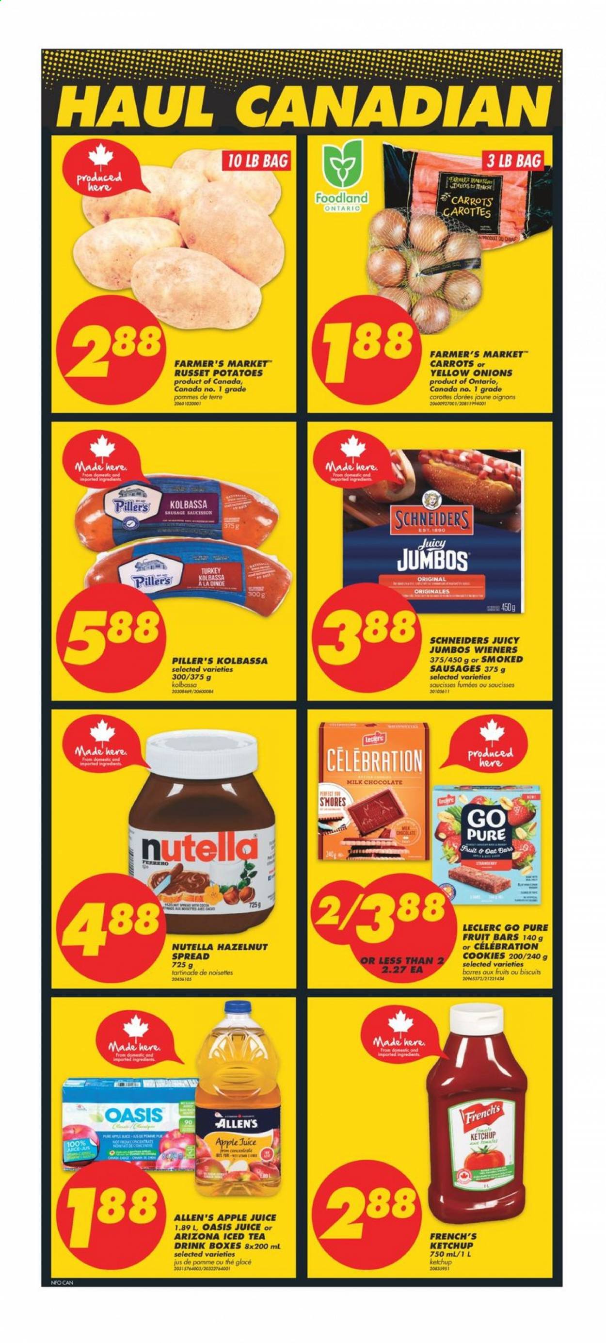 thumbnail - No Frills Flyer - March 11, 2021 - March 17, 2021 - Sales products - carrots, russet potatoes, potatoes, onion, sausage, cookies, milk chocolate, chocolate, Celebration, biscuit, oats, hazelnut spread, apple juice, juice, ice tea, AriZona, Nutella. Page 2.