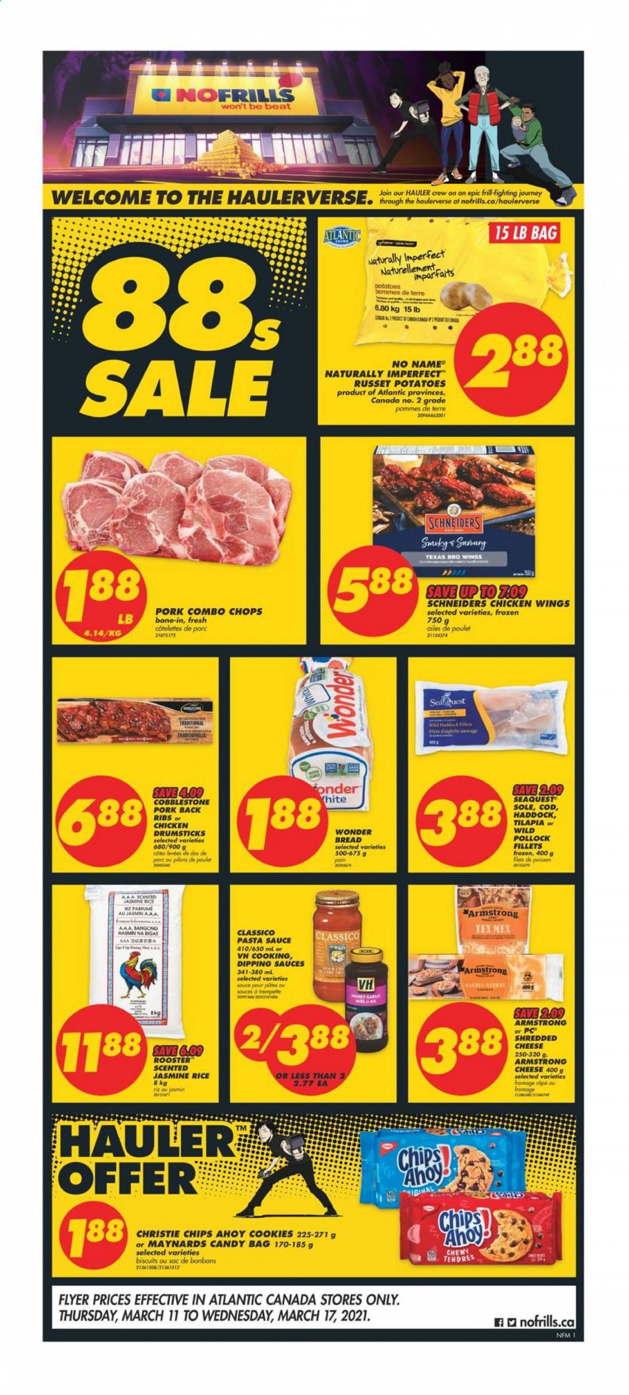 thumbnail - No Frills Flyer - March 11, 2021 - March 17, 2021 - Sales products - bread, russet potatoes, potatoes, cod, tilapia, haddock, pollock, No Name, pasta sauce, shredded cheese, chicken wings, cookies, biscuit, rice, jasmine rice, Classico, honey, chicken drumsticks, chicken, pork meat, pork ribs, pork back ribs. Page 1.