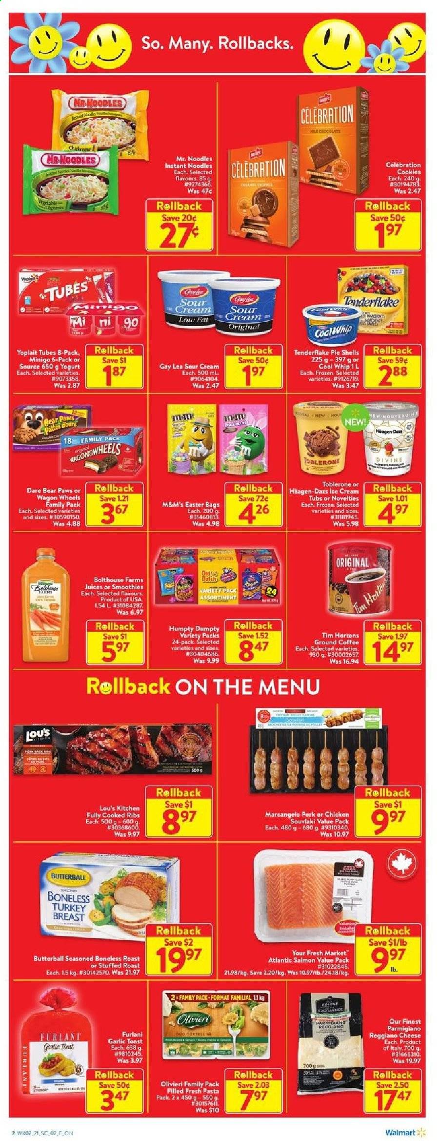 thumbnail - Walmart Flyer - March 11, 2021 - March 17, 2021 - Sales products - pie, salmon, instant noodles, noodles, Butterball, cheese, Parmigiano Reggiano, yoghurt, Yoplait, milk, Cool Whip, sour cream, ice cream, Häagen-Dazs, cookies, Celebration, Toblerone, juice, coffee, ground coffee, turkey breast, turkey, bag, Paws, wagon, M&M's. Page 2.