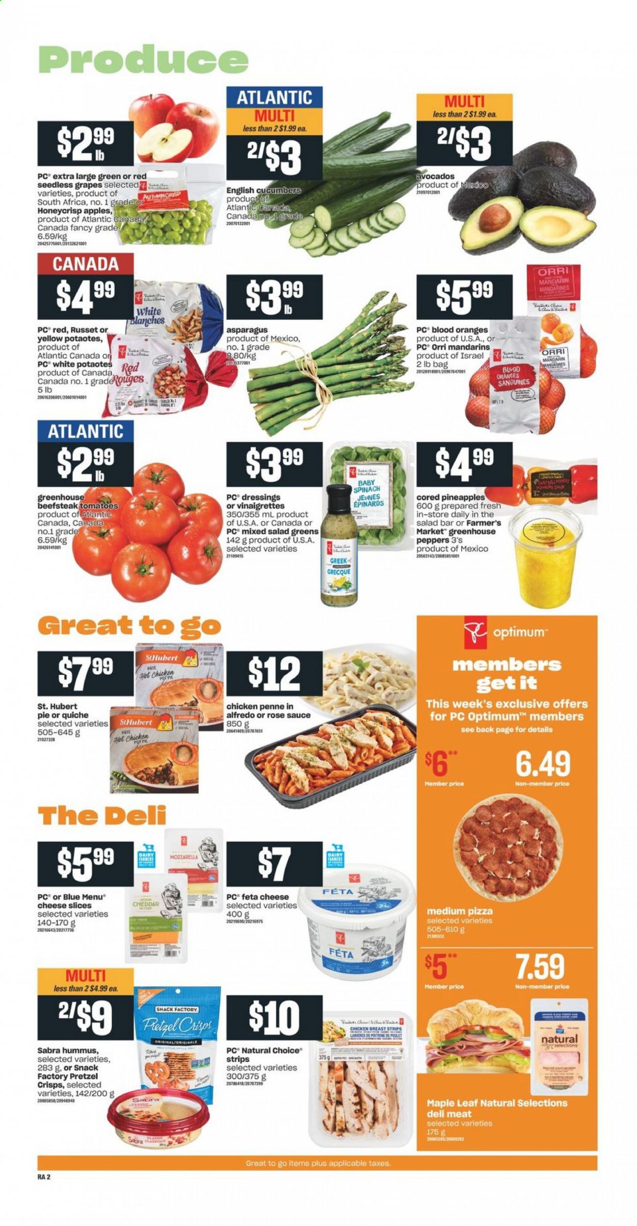 thumbnail - Atlantic Superstore Flyer - March 11, 2021 - March 17, 2021 - Sales products - pie, pot pie, asparagus, cucumber, russet potatoes, peppers, apples, avocado, grapes, mandarines, seedless grapes, pineapple, pizza, hummus, sliced cheese, cheddar, feta, strips, quiche, pretzel crisps, penne, rosé wine, chicken, Optimum, pot, rose, salad greens. Page 3.