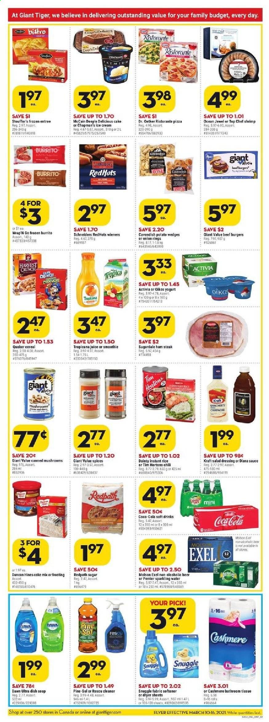thumbnail - Giant Tiger Flyer - March 10, 2021 - March 16, 2021 - Sales products - cake mix, shrimps, pizza, onion rings, hamburger, sauce, burrito, Quaker, beef burger, Kraft®, Sugardale, ham, ham steaks, Dr. Oetker, yoghurt, Activia, Oikos, ice cream, Stouffer's, McCain, potato wedges, frosting, sugar, canned mushrooms, cereals, salad dressing, dressing, Coca-Cola, juice, soft drink, Perrier, smoothie, sparkling water, beer, bath tissue, cleaner, Pine-Sol, Snuggle, fabric softener, dryer sheets, soap, steak. Page 2.