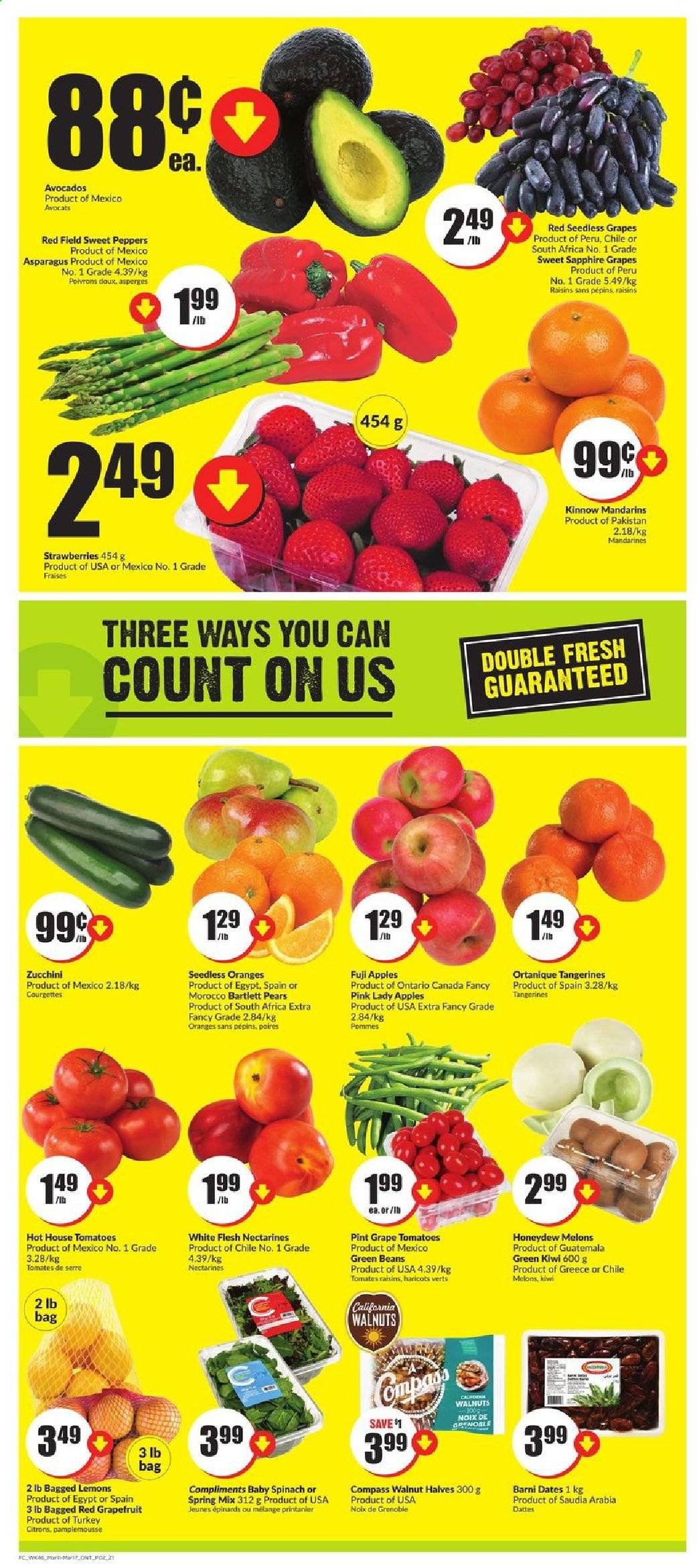 thumbnail - FreshCo. Flyer - March 11, 2021 - March 17, 2021 - Sales products - asparagus, beans, green beans, sweet peppers, tomatoes, zucchini, peppers, apples, avocado, Bartlett pears, grapefruits, mandarines, nectarines, seedless grapes, strawberries, tangerines, honeydew, pears, Fuji apple, melons, lemons, kinnow, Pink Lady, walnuts, dried fruit, kiwi, raisins. Page 2.