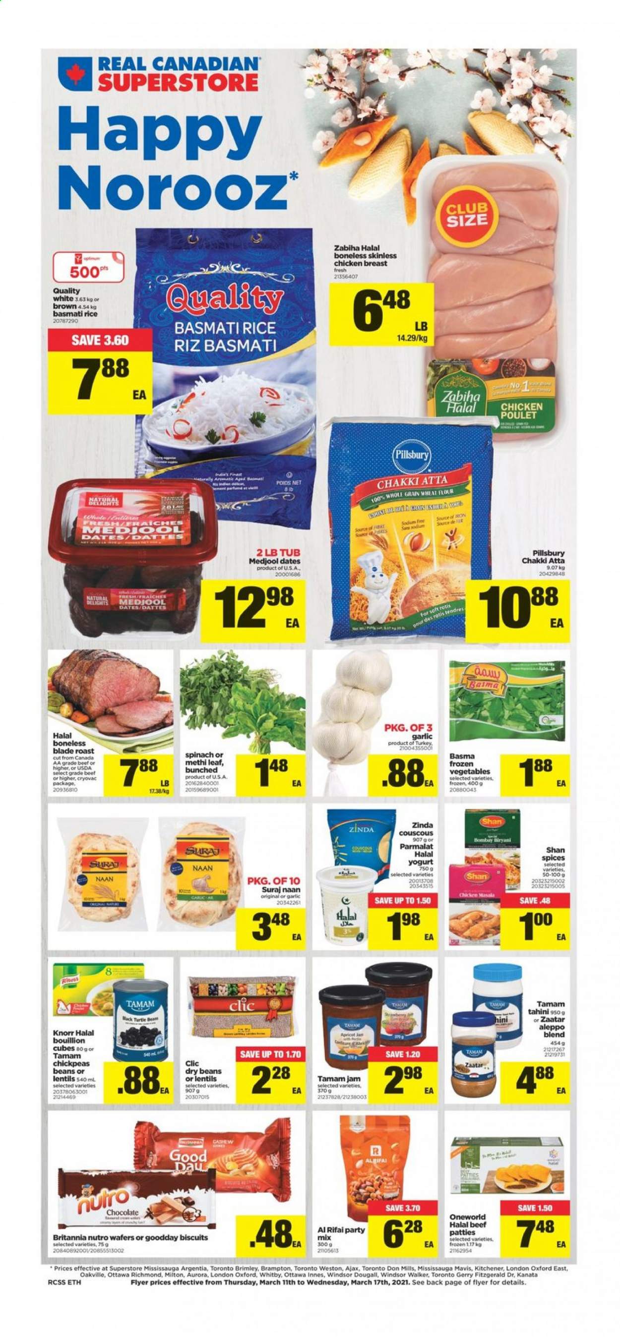 thumbnail - Real Canadian Superstore Flyer - March 11, 2021 - March 17, 2021 - Sales products - beans, garlic, Pillsbury, yoghurt, Parmalat, wafers, chocolate, biscuit, flour, wheat flour, lentils, basmati rice, rice, chickpeas, dry beans, tahini, fruit jam, dried dates, Ron Pelicano, chicken breasts, chicken, Ajax, Knorr. Page 1.