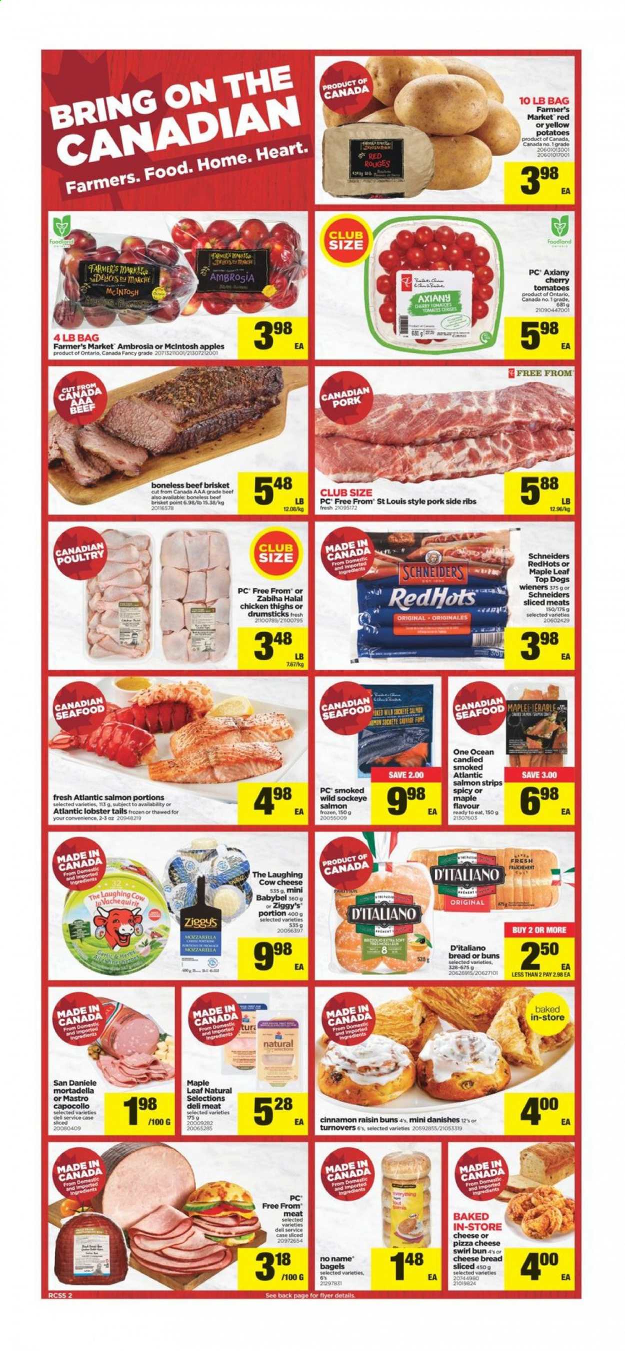 thumbnail - Real Canadian Superstore Flyer - March 11, 2021 - March 17, 2021 - Sales products - bagels, buns, turnovers, potatoes, cherries, lobster, salmon, seafood, lobster tail, No Name, pizza, mortadella, The Laughing Cow, Babybel, chicken thighs, chicken, beef meat, beef brisket, McIntosh. Page 2.