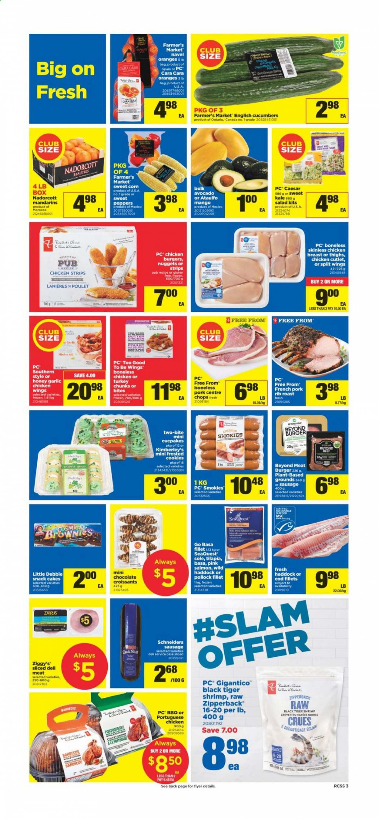 thumbnail - Real Canadian Superstore Flyer - March 11, 2021 - March 17, 2021 - Sales products - cake, croissant, brownies, corn, cucumber, garlic, kale, avocado, mandarines, mango, cod, salmon, tilapia, haddock, pollock, shrimps, nuggets, hamburger, sausage, cheddar, cheese, strips, chicken strips, cookies, chocolate, snack, honey, chicken breasts, chicken. Page 3.