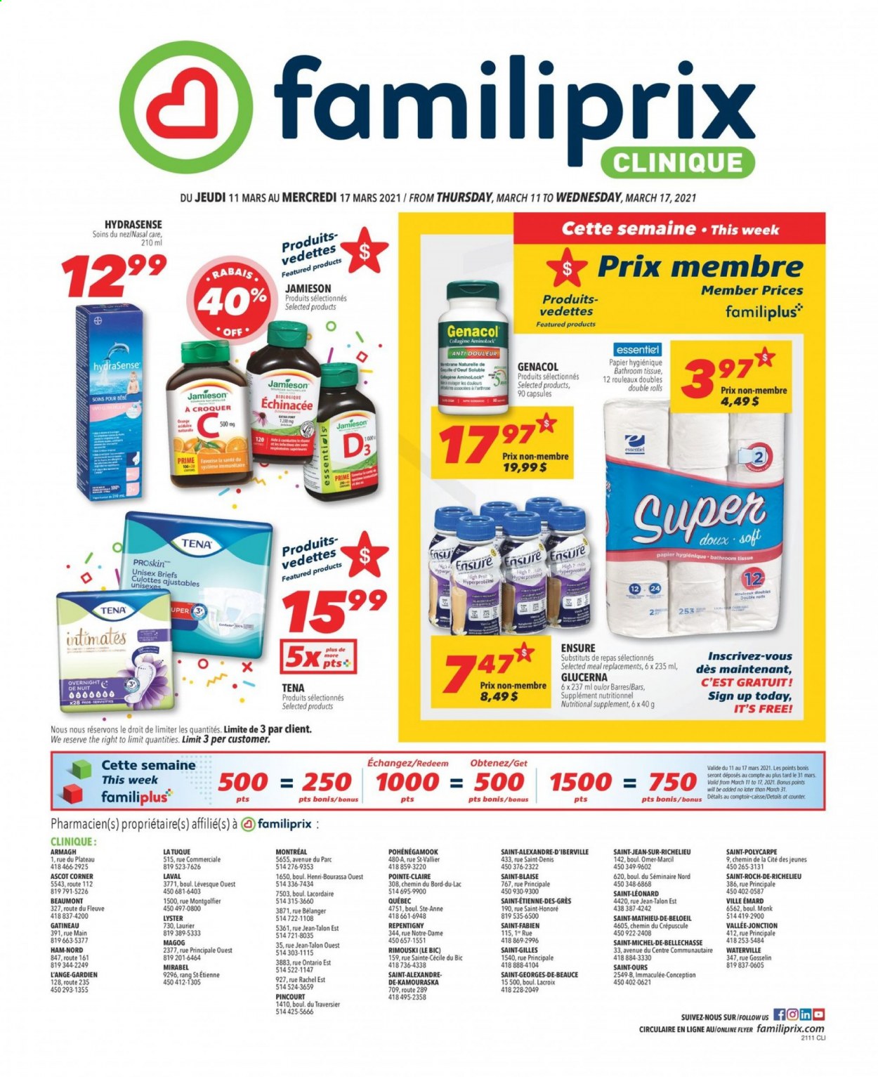 thumbnail - Familiprix Clinique Flyer - March 11, 2021 - March 17, 2021 - Sales products - Mars, bath tissue, Clinique, BIC, Glucerna, nutritional supplement. Page 1.