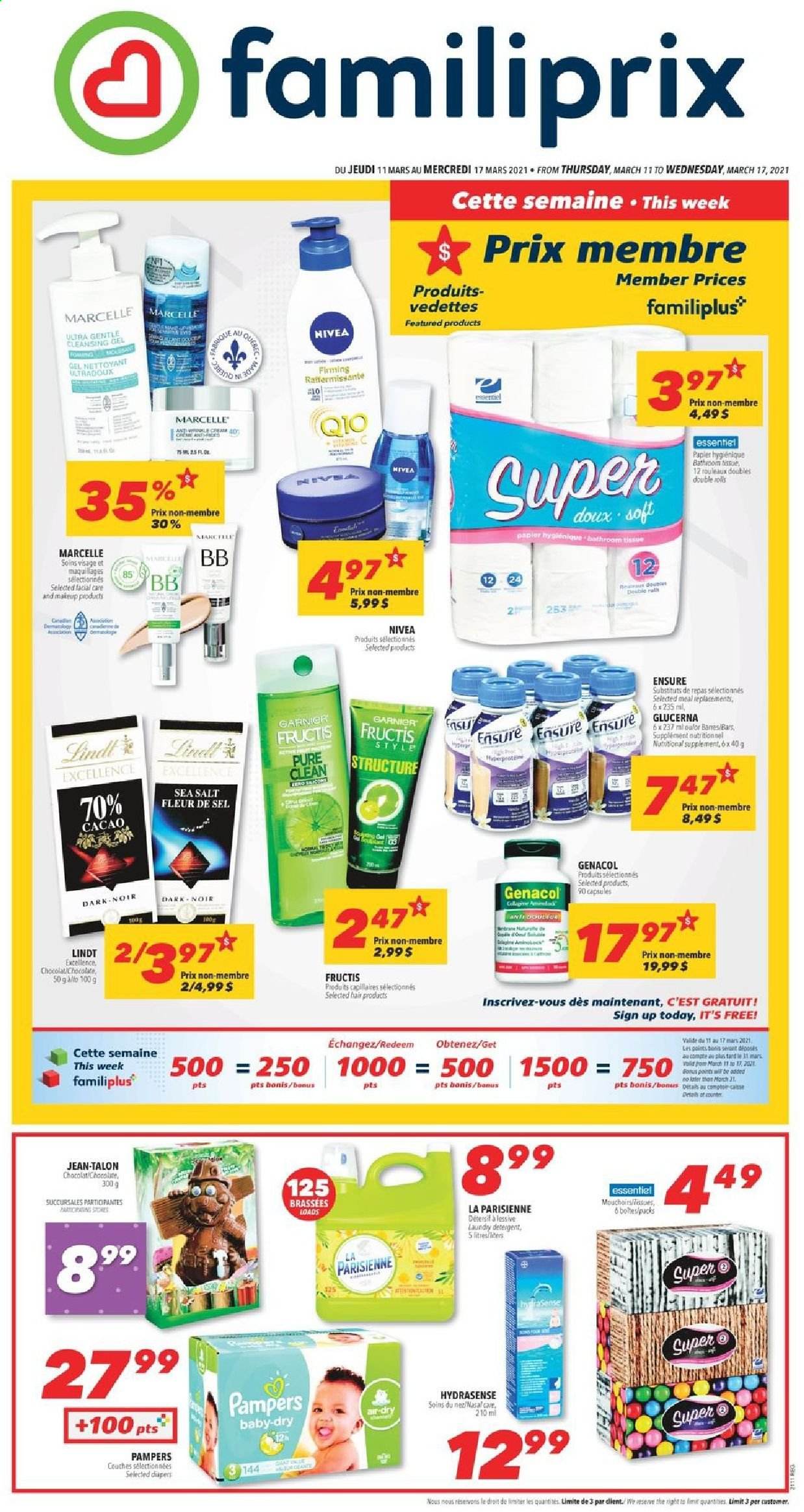 thumbnail - Familiprix Flyer - March 11, 2021 - March 17, 2021 - Sales products - chocolate, Mars, sea salt, nappies, tissues, Fructis, makeup, Glucerna, Garnier, Pampers, Nivea. Page 1.