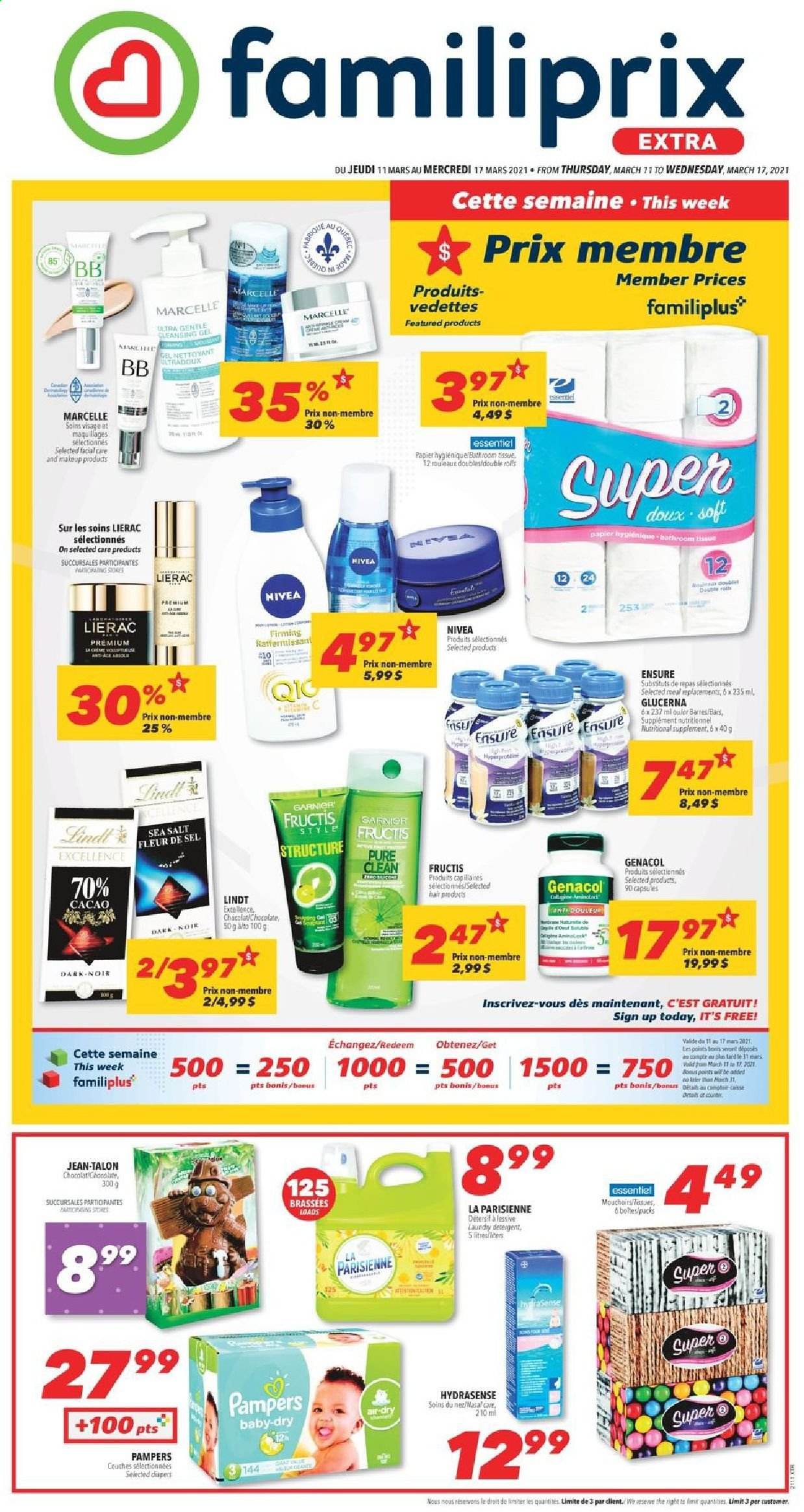 thumbnail - Familiprix Extra Flyer - March 11, 2021 - March 17, 2021 - Sales products - chocolate, Mars, sea salt, Ace, nappies, tissues, Fructis, makeup, Glucerna, Garnier, Pampers, Nivea. Page 1.
