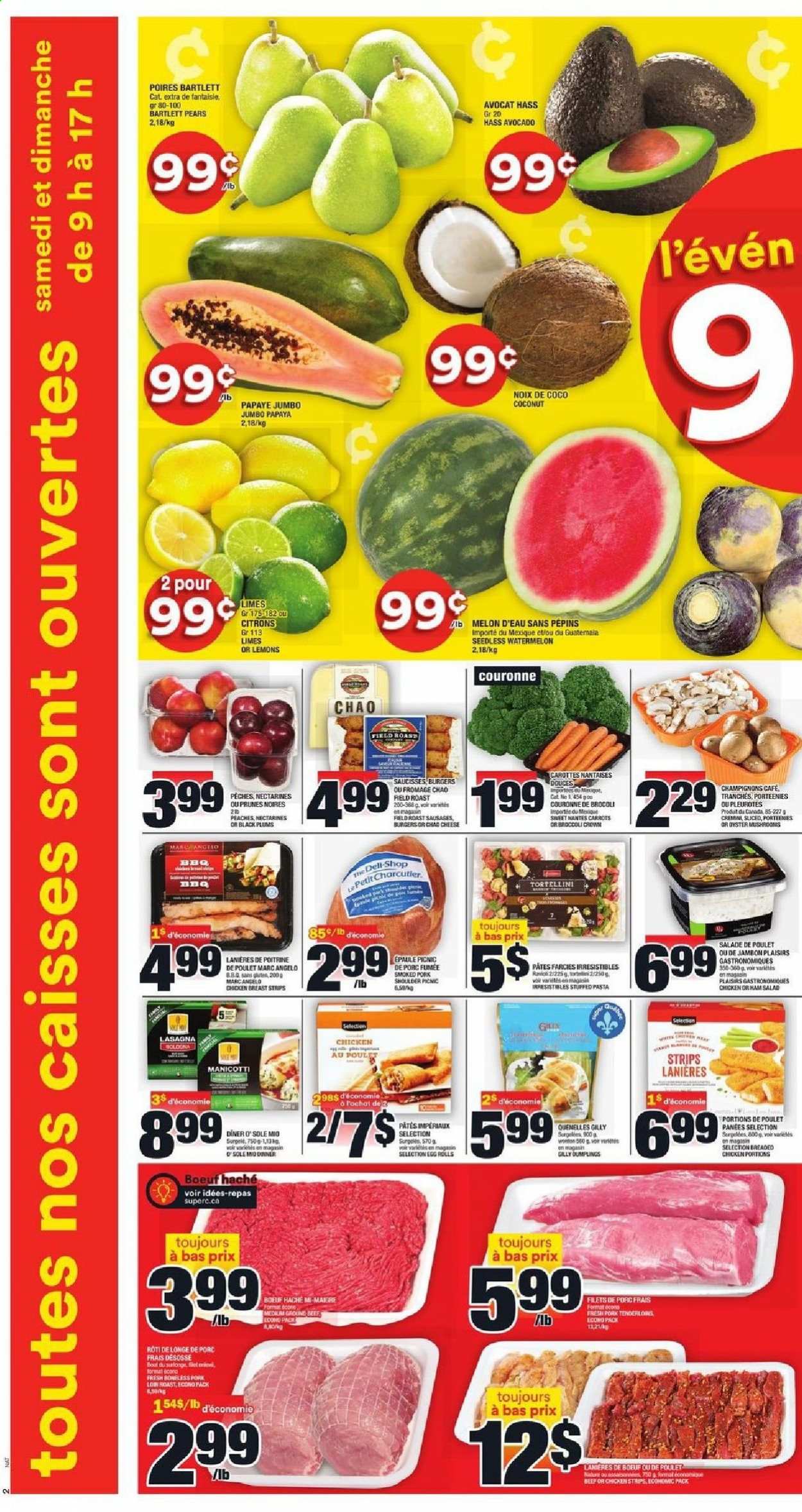 thumbnail - Super C Flyer - March 11, 2021 - March 17, 2021 - Sales products - carrots, salad, avocado, Bartlett pears, limes, nectarines, watermelon, plums, papaya, pears, coconut, melons, lemons, black plums, peaches, oysters, ravioli, hamburger, pasta, tortellini, egg rolls, fried chicken, dumplings, lasagna meal, bologna sausage, sausage, cheese, strips, prunes, dried fruit, pork meat, pork shoulder. Page 3.