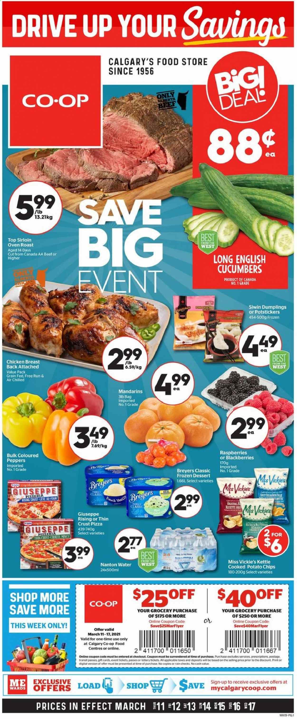 thumbnail - Calgary Co-op Flyer - March 11, 2021 - March 17, 2021 - Sales products - cucumber, blackberries, mandarines, pizza, dumplings, potato chips, chicken breasts, chicken, bag. Page 1.