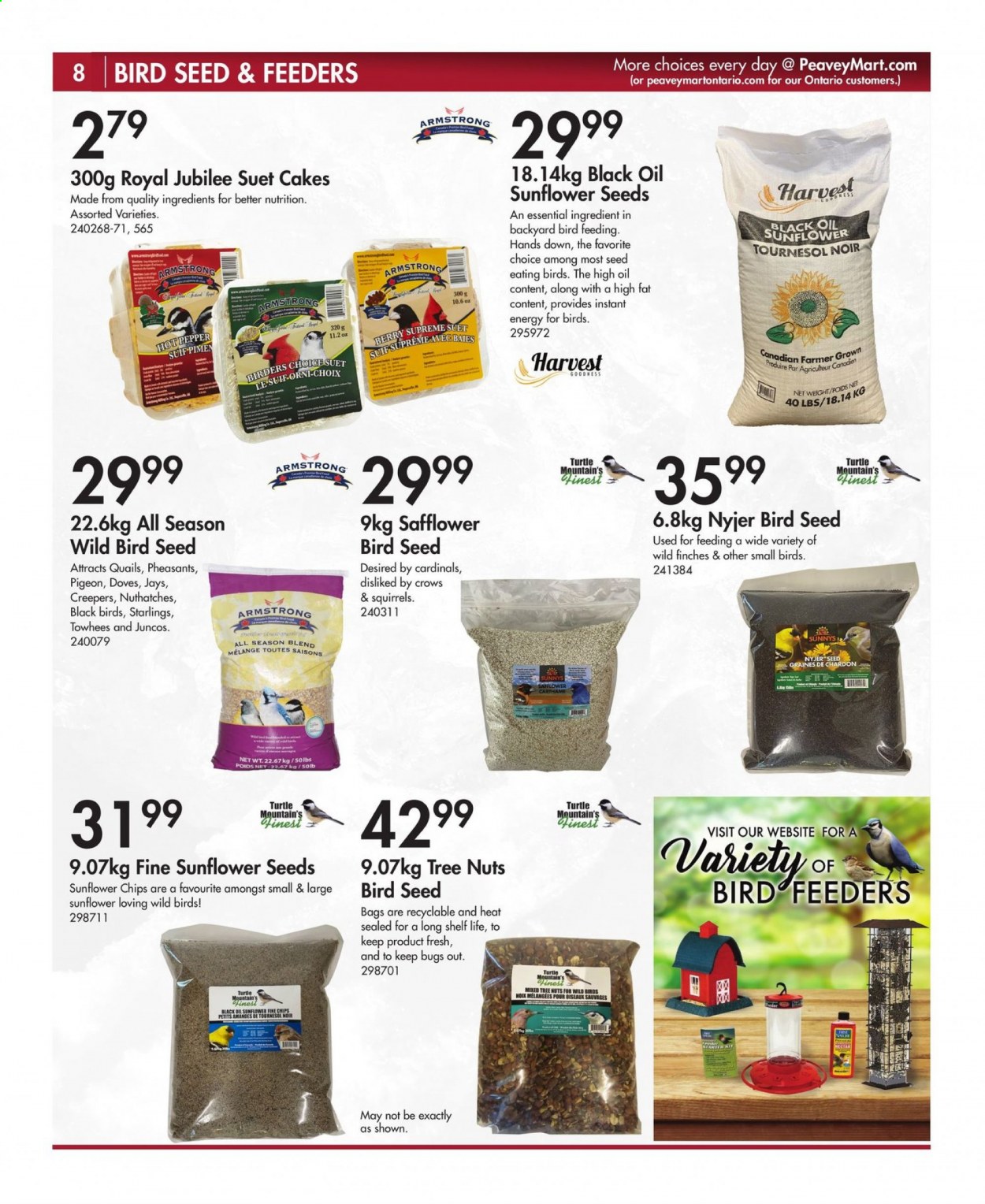 thumbnail - Peavey Mart Flyer - Sales products - Pigeon, bag, bird feeder, animal food, bird food, suet, plant seeds, sunflower seeds, suet cakes. Page 8.