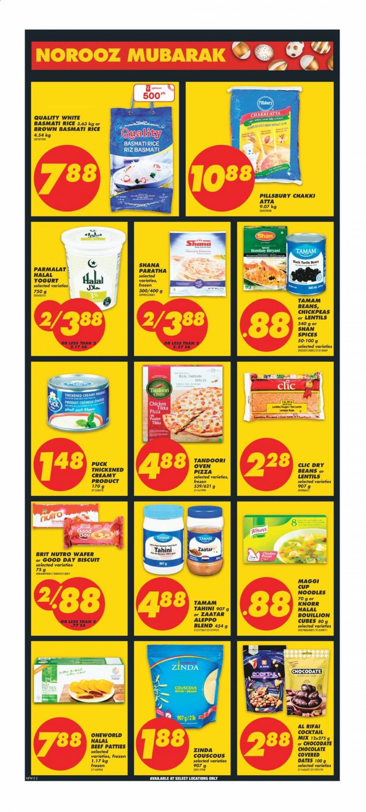 thumbnail - No Frills Flyer - March 12, 2021 - March 18, 2021 - Sales products - flatbread, indian bread, beans, pizza, Maggi Cup, Pillsbury, noodles cup, noodles, burger patties, Puck, yoghurt, Parmalat, wafers, biscuit, flour, sesame seed, lentils, basmati rice, rice, chickpeas, dry beans, tahini, cocktail, chicken, Maggi, couscous, Knorr. Page 2.