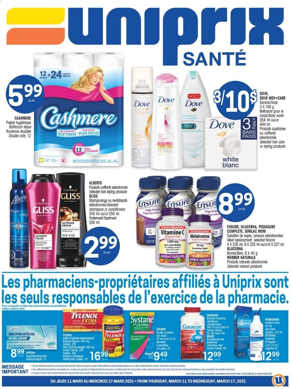 thumbnail - Uniprix Santé Flyer - March 11, 2021 - March 17, 2021 - Sales products - Mars, Similac, wipes, bath tissue, body wash, Gliss, soap, Tylenol, Glucerna, eye drops, Gaviscon, Systane. Page 1.