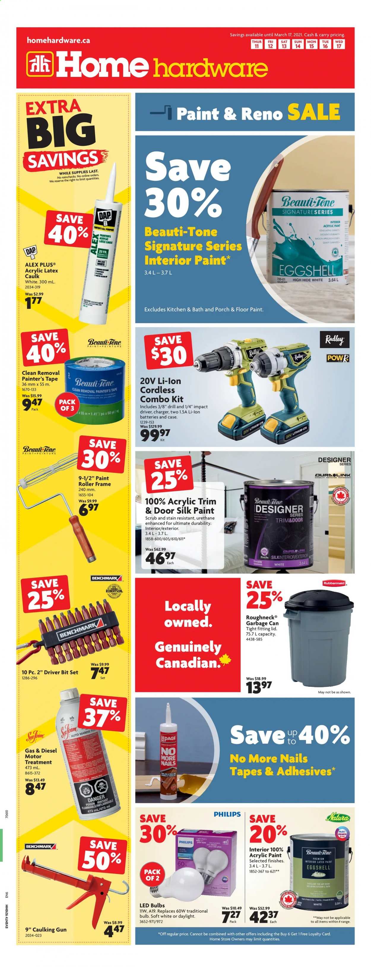 thumbnail - Home Hardware Flyer - March 11, 2021 - March 17, 2021 - Sales products - roller, cordless combo kit, drill, impact driver, combo kit. Page 1.
