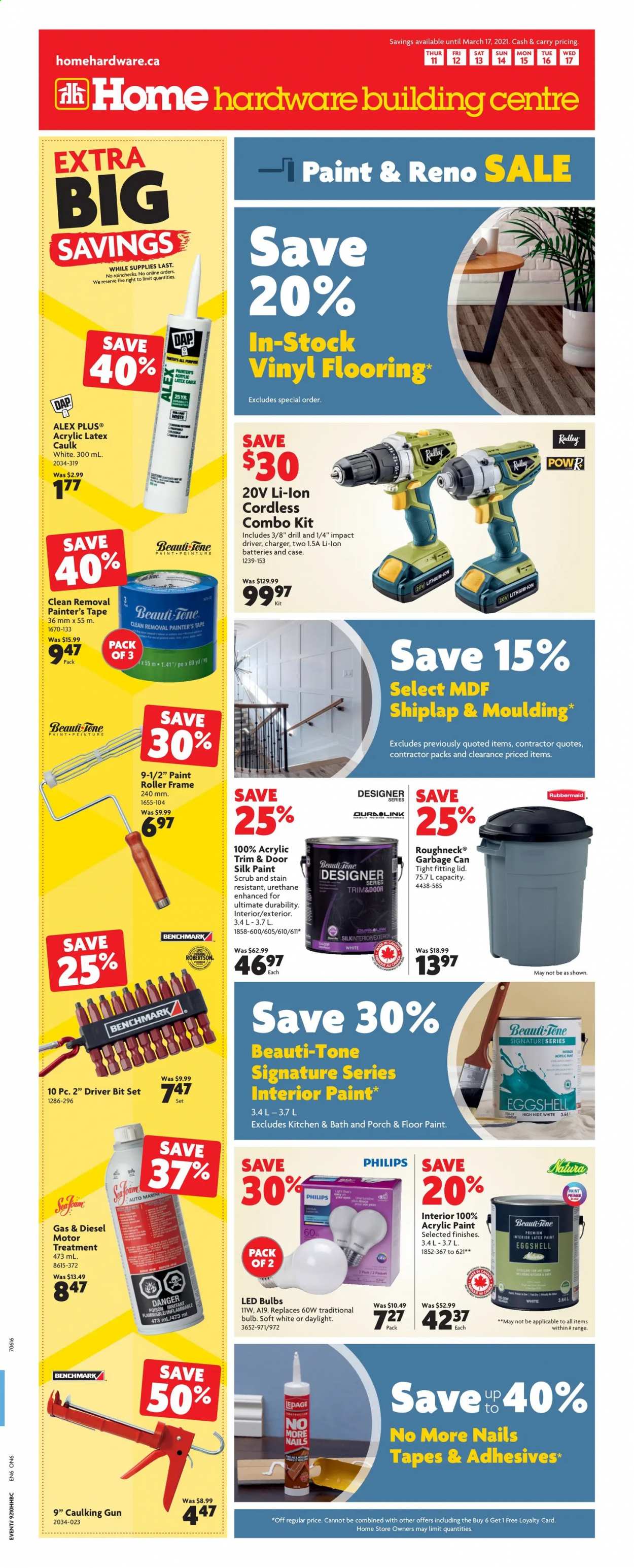 thumbnail - Home Hardware Building Centre Flyer - March 11, 2021 - March 17, 2021 - Sales products - roller, flooring, shiplap, moulding, cordless combo kit, drill, impact driver, combo kit. Page 1.