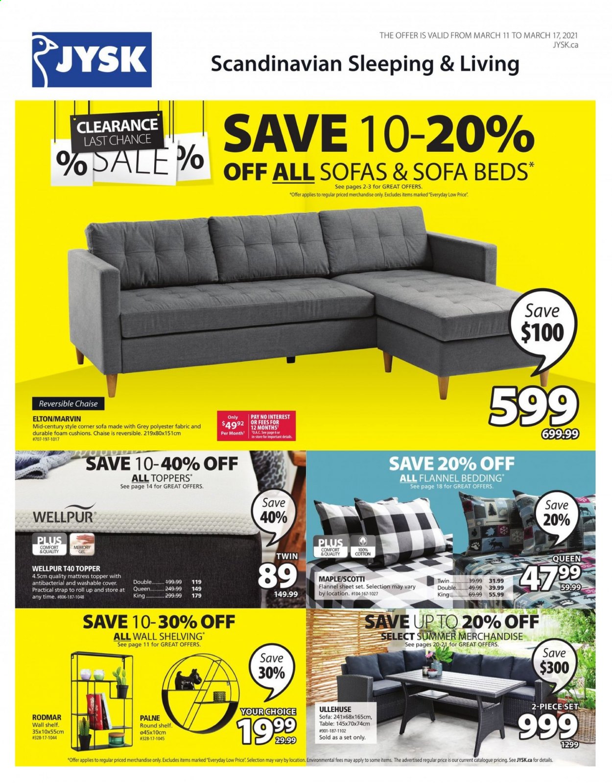 thumbnail - JYSK Flyer - March 11, 2021 - March 17, 2021 - Sales products - bedding, cushion, topper, mattress protector, table, corner sofa, sofa, wall shelf, bed, Plus Plus. Page 1.
