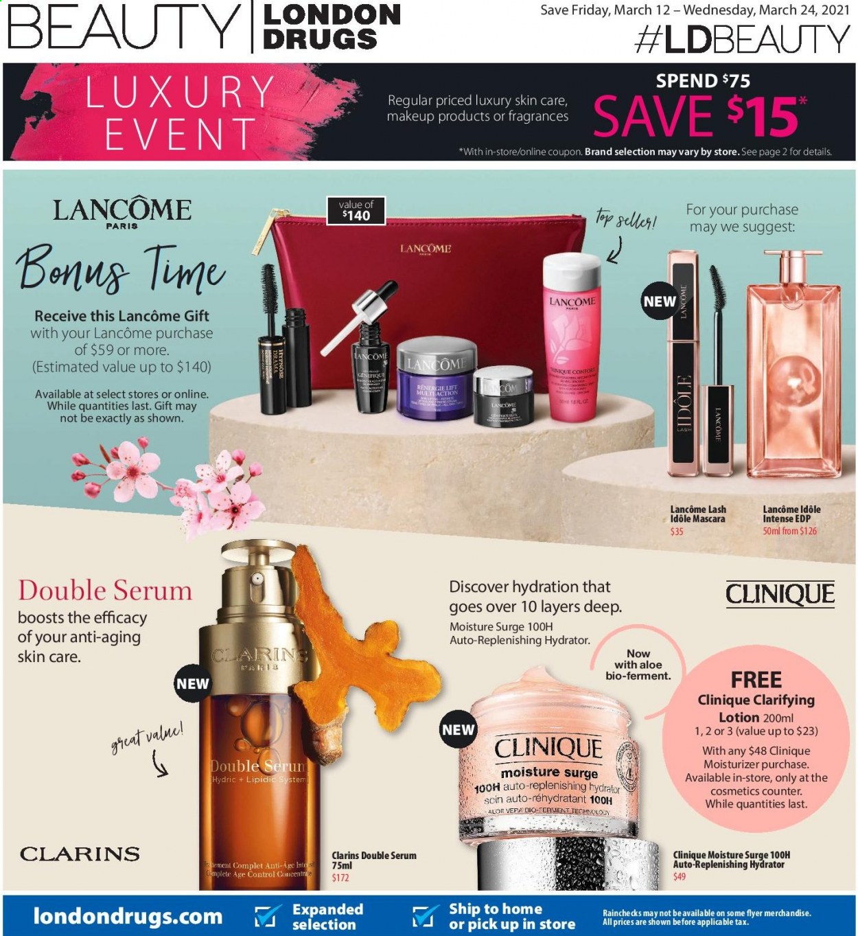 thumbnail - London Drugs Flyer - March 12, 2021 - March 24, 2021 - Sales products - Clinique, Lancôme, moisturizer, serum, body lotion, makeup, mascara. Page 1.