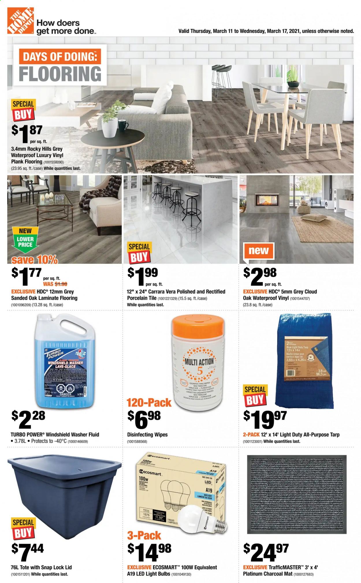thumbnail - The Home Depot Flyer - March 11, 2021 - March 17, 2021 - Sales products - lid, bulb, light bulb, LED light, laminate floor, vinyl, porcelain tile. Page 1.