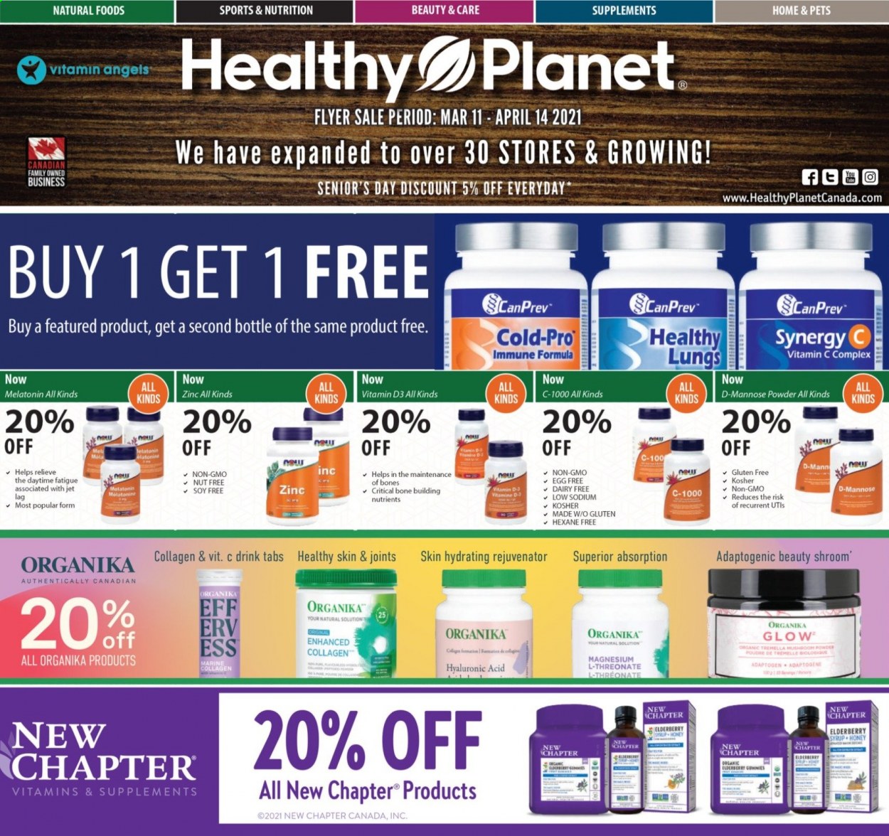 thumbnail - Healthy Planet Flyer - March 11, 2021 - April 14, 2021 - Sales products - mushrooms, honey, syrup, wine, Jet, magnesium, Melatonin, vitamin c, zinc, vitamin D3. Page 1.