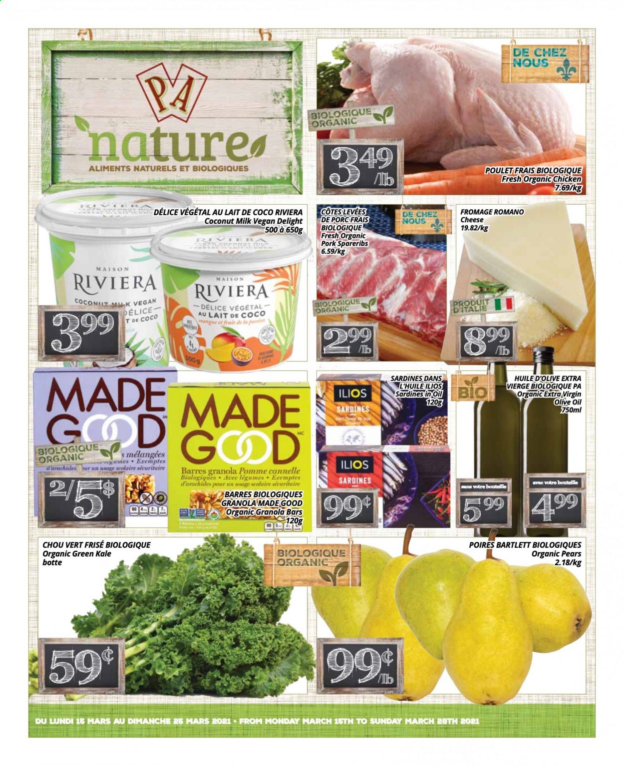 thumbnail - PA Nature Flyer - March 15, 2021 - March 28, 2021 - Sales products - kale, pears, sardines, cheese, Mars, coconut milk, granola bar, extra virgin olive oil, olive oil, pork spare ribs. Page 1.