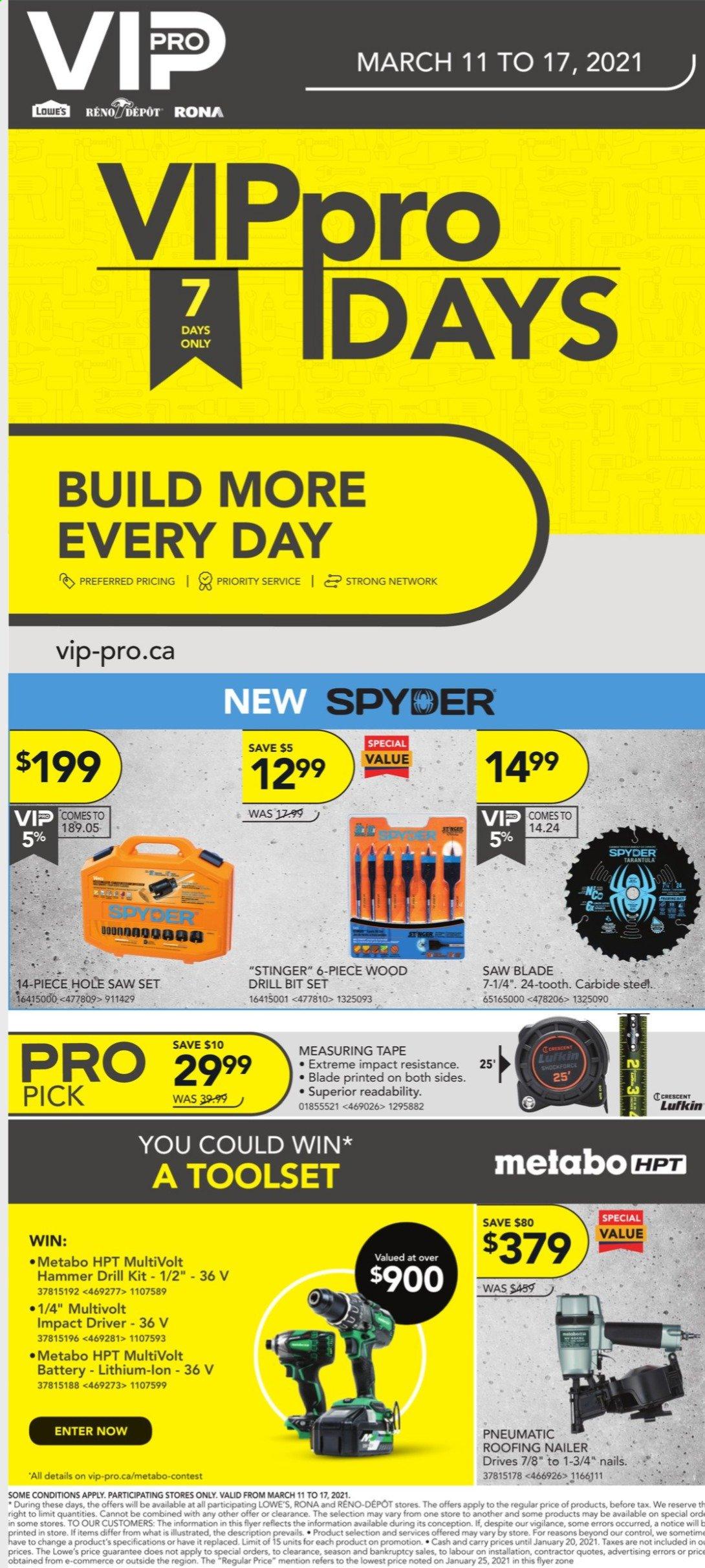 thumbnail - RONA Flyer - March 11, 2021 - March 17, 2021 - Sales products - impact driver, drill bit set, measuring tape. Page 1.
