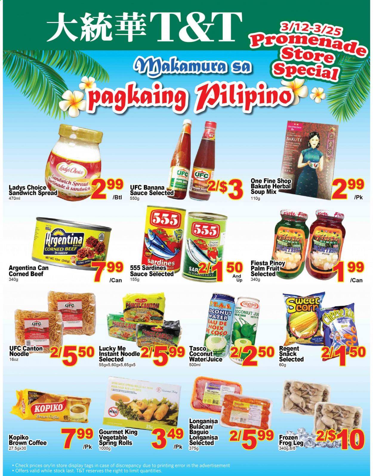 thumbnail - T&T Supermarket Flyer - March 12, 2021 - March 25, 2021 - Sales products - corn, sardines, sandwich, soup mix, soup, spring rolls, noodles, corned beef, snack, juice, coffee, beef meat. Page 1.