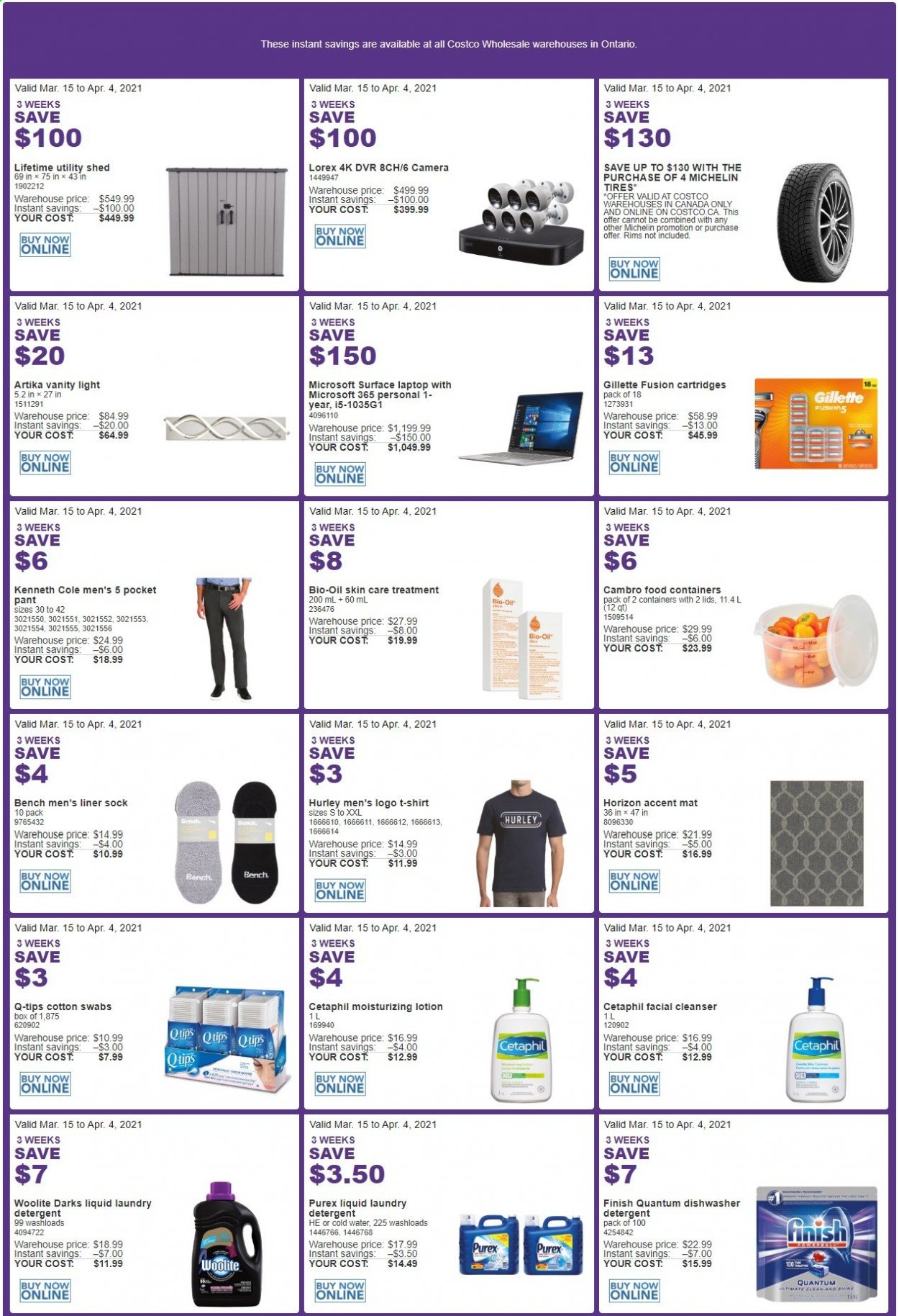 thumbnail - Costco Flyer - March 15, 2021 - April 04, 2021 - Sales products - oil, Woolite, laundry detergent, Purex, Finish Powerball, Finish Quantum Ultimate, cleanser, body lotion, bench, vanity, t-shirt, vanity lights, shed, tires, Gillette, laptop, Michelin. Page 1.