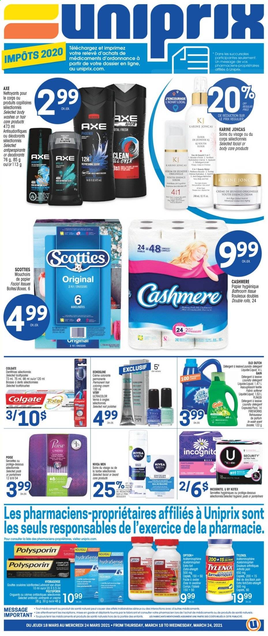 thumbnail - Uniprix Flyer - March 18, 2021 - March 24, 2021 - Sales products - Mars, bath tissue, Gain, fabric softener, laundry detergent, Kotex, pantyliners, facial tissues, serum, lubricant, Tylenol, eye drops, Nivea, deodorant. Page 1.