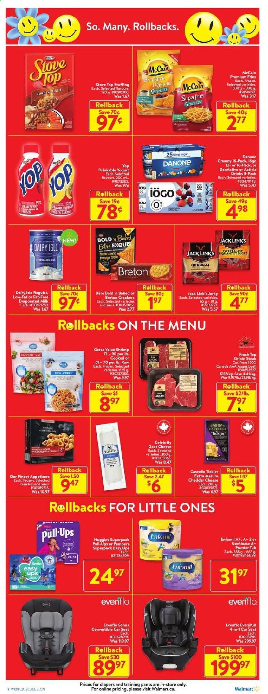 thumbnail - Walmart Flyer - March 18, 2021 - March 24, 2021 - Sales products - shrimps, jerky, goat cheese, cheddar, cheese, yoghurt, Activia, evaporated milk, McCain, potato fries, crackers, Jack Link's, Enfamil, beef meat, beef sirloin, sirloin steak, pants, nappies, baby pants, stove, baby car seat, Danone, Huggies, Pampers, steak. Page 2.