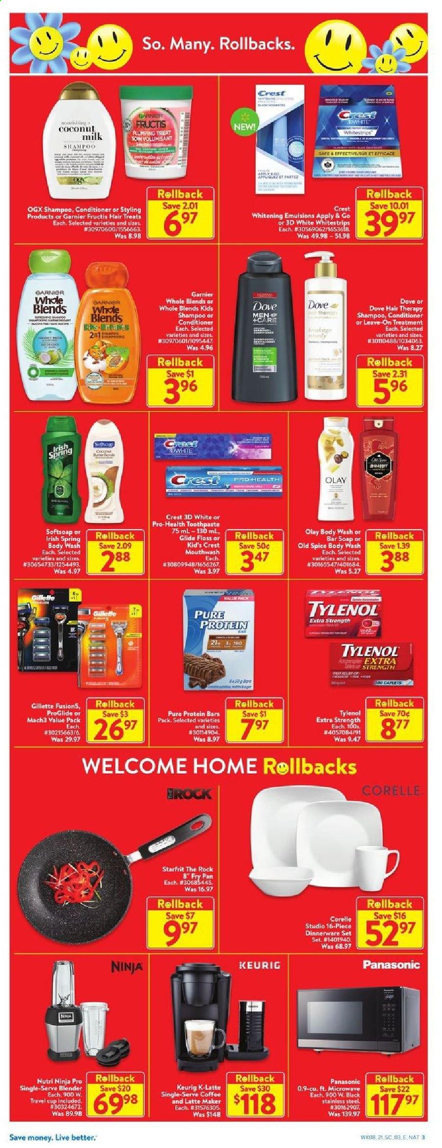 thumbnail - Walmart Flyer - March 18, 2021 - March 24, 2021 - Sales products - coconut milk, protein bar, spice, coffee, Keurig, body wash, Softsoap, soap bar, soap, toothpaste, mouthwash, Crest, Olay, OGX, conditioner, Fructis, dinnerware set, pan, cup, microwave, Tylenol, Garnier, Gillette, shampoo, Panasonic, Old Spice. Page 3.