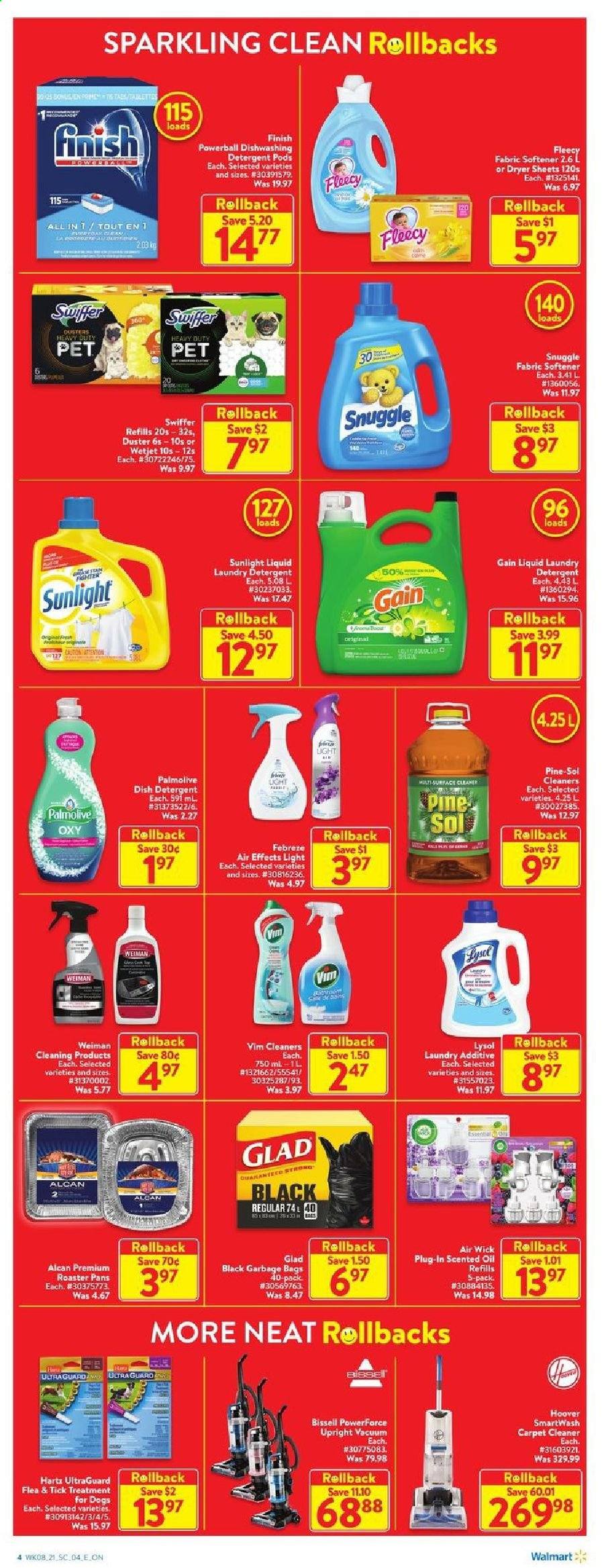 thumbnail - Walmart Flyer - March 18, 2021 - March 24, 2021 - Sales products - oil, Gain, cleaner, Lysol, Pine-Sol, Swiffer, Snuggle, fabric softener, laundry detergent, Sunlight, dryer sheets, Finish Powerball, Palmolive, duster, WetJet, Air Wick, scented oil, Bissell, roaster. Page 4.