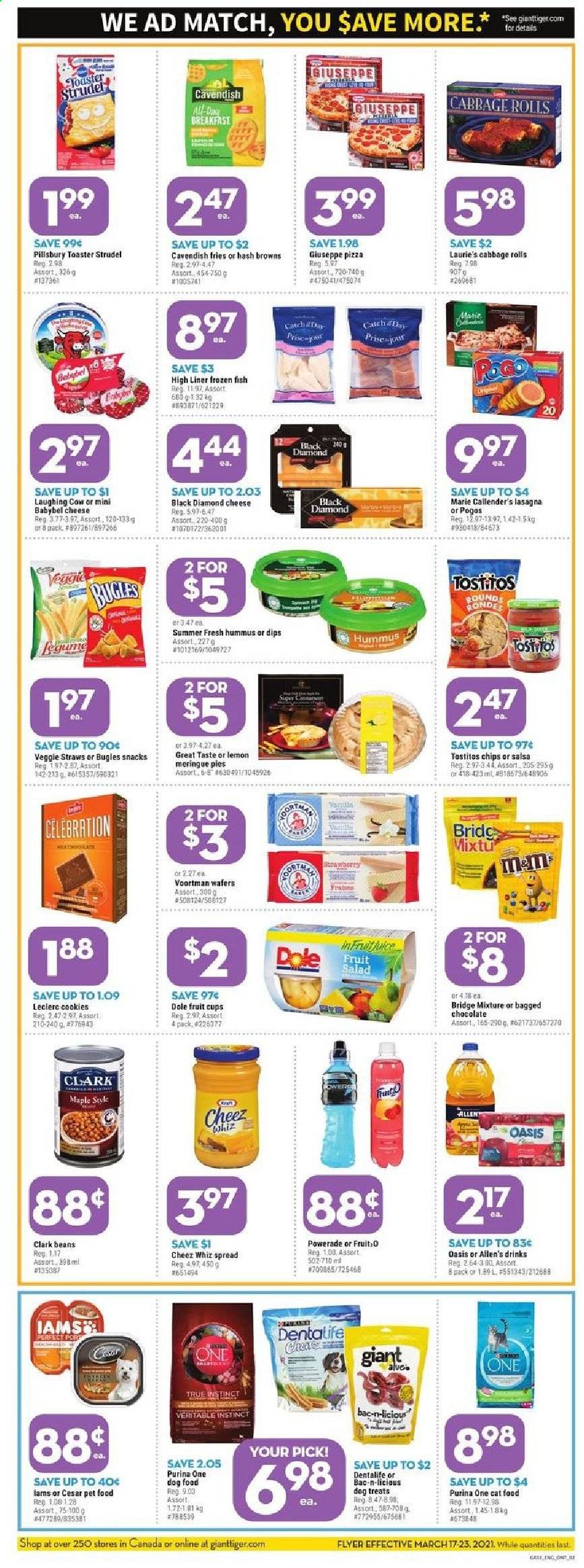 thumbnail - Giant Tiger Flyer - March 17, 2021 - March 23, 2021 - Sales products - strudel, beans, cabbage, salad, Dole, fruit cup, fish, pizza, Pillsbury, lasagna meal, Marie Callender's, hummus, The Laughing Cow, Babybel, hash browns, potato fries, cookies, wafers, chocolate, snack, Celebration, veggie straws, Tostitos, salsa, animal food, dog food, Purina, Dentalife, Iams. Page 2.