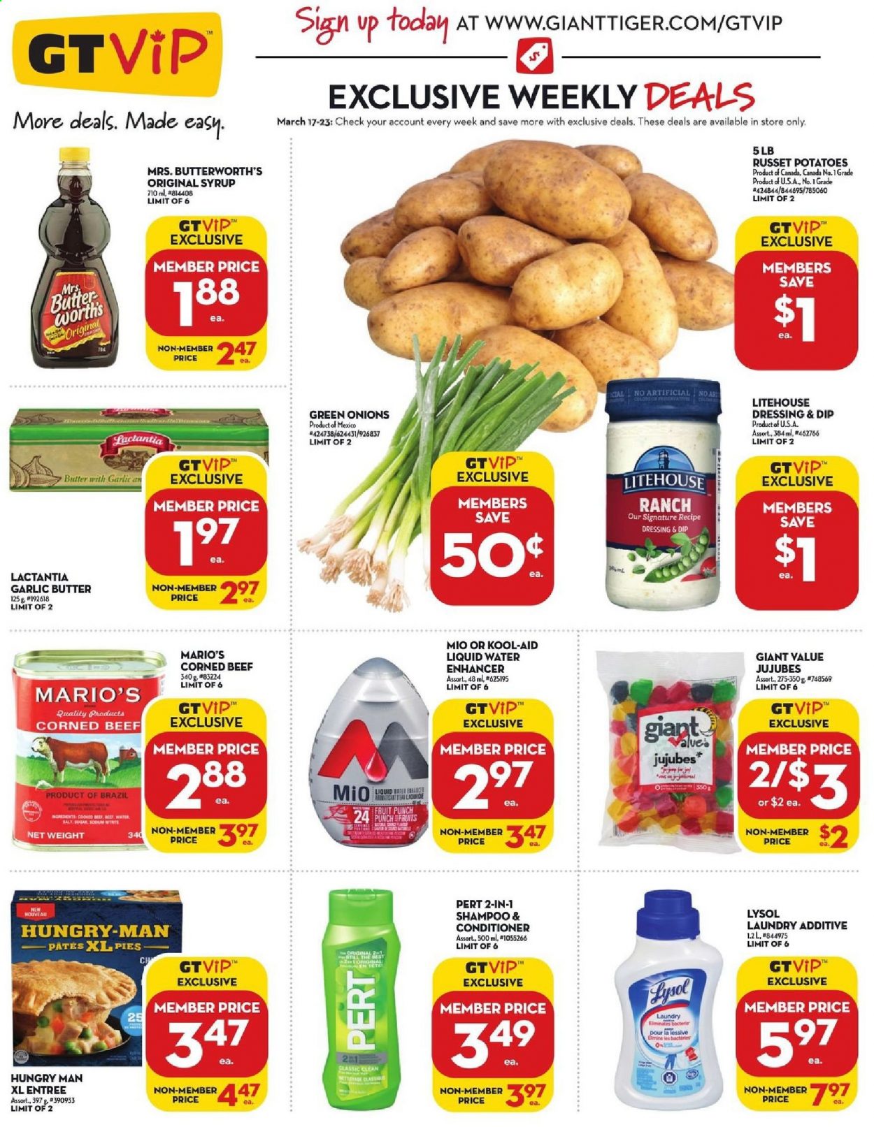 thumbnail - Giant Tiger Flyer - March 17, 2021 - March 23, 2021 - Sales products - russet potatoes, potatoes, corned beef, butter, dressing, syrup, fruit punch, beef meat, Lysol, conditioner, shampoo. Page 3.