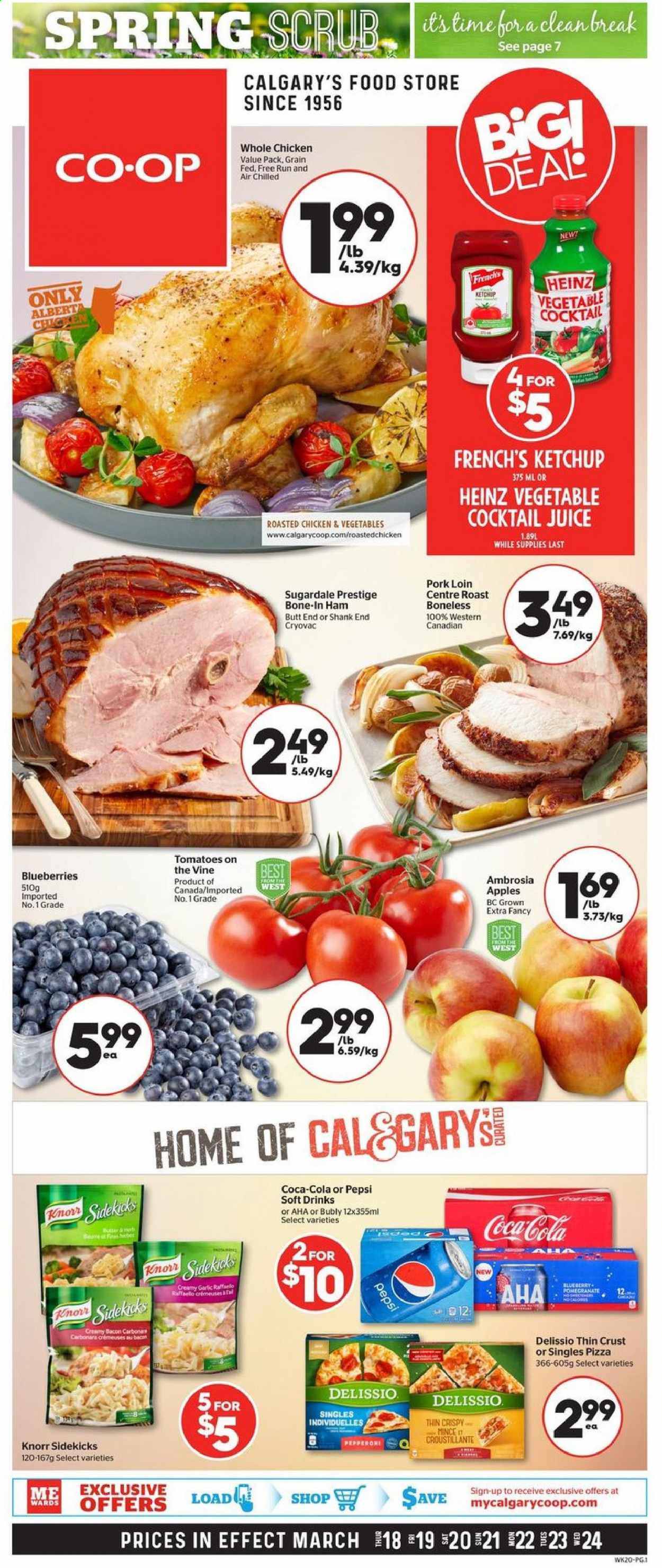 thumbnail - Calgary Co-op Flyer - March 18, 2021 - March 24, 2021 - Sales products - garlic, apples, blueberries, pomegranate, pizza, chicken roast, Sugardale, bacon, ham, pepperoni, Heinz, Coca-Cola, Pepsi, juice, soft drink, whole chicken, chicken, pork loin, pork meat, Knorr. Page 1.