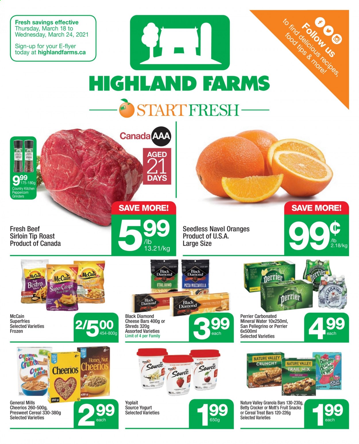 thumbnail - Circulaire Highland Farms - 18 Mars 2021 - 24 Mars 2021 - Produits soldés - oranges, Yoplait, McCain, granola, Perrier, San Pellegrino. Page 1.
