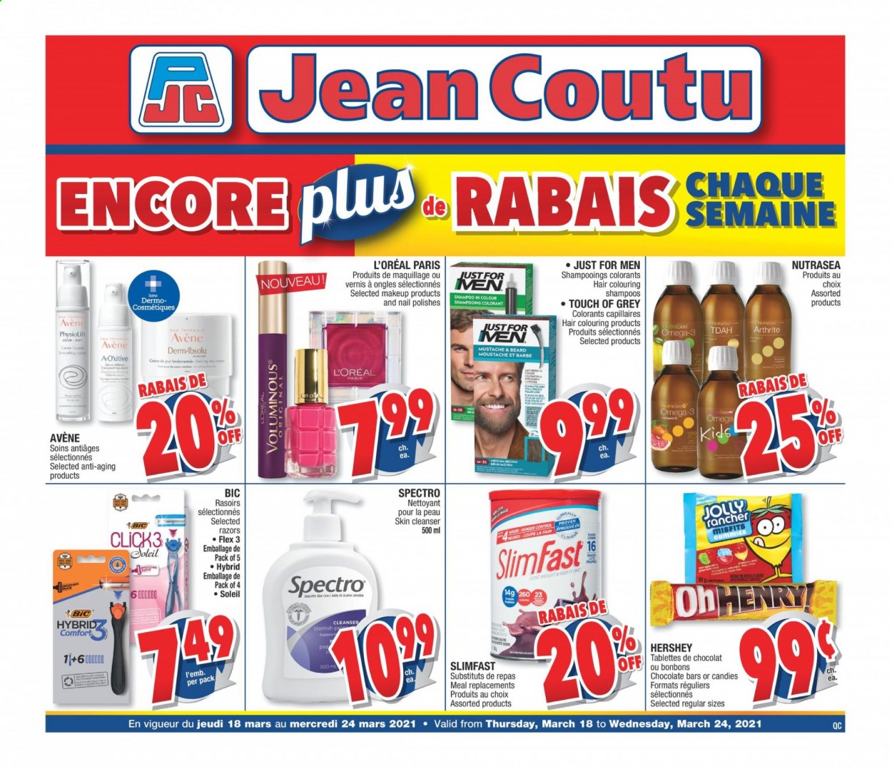 thumbnail - Jean Coutu Flyer - March 18, 2021 - March 24, 2021 - Sales products - Mars, Slimfast, chocolate bar, cleanser, Clinique, L’Oréal, BIC, makeup, Omega-3, shampoo. Page 1.