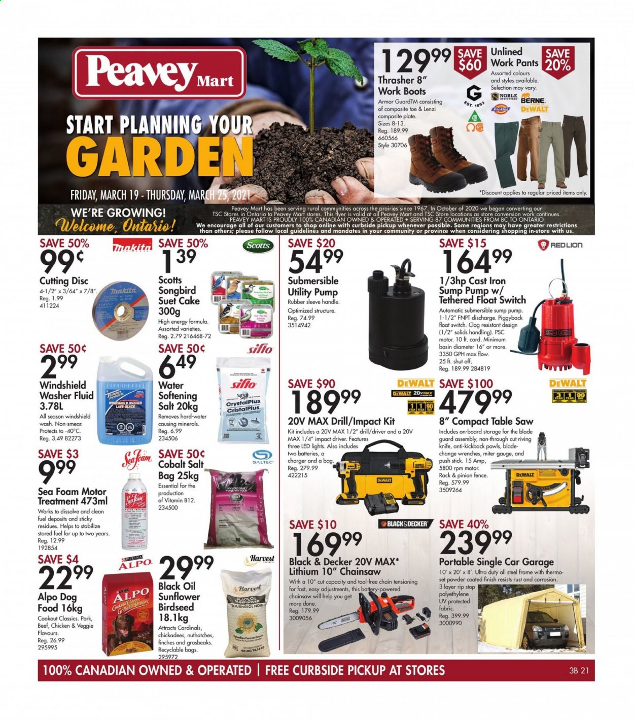 thumbnail - Peavey Mart Flyer - March 19, 2021 - March 25, 2021 - Sales products - knife, plate, bag, eraser, animal food, dog food, suet, Purina, Alpo, table, pants, boots, DeWALT, LED light, switch, drill, impact driver, Black & Decker, chain saw, saw, pump, sunflower, washer fluid. Page 1.