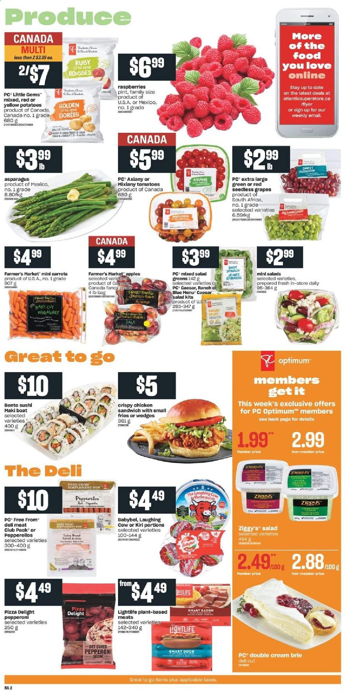 thumbnail - Atlantic Superstore Flyer - March 18, 2021 - March 24, 2021 - Sales products - asparagus, carrots, potatoes, salad, salad greens, apples, Gala, grapes, seedless grapes, pizza, sandwich, pepperoni, brie, Kiri, The Laughing Cow, Babybel, potato fries, Optimum. Page 3.