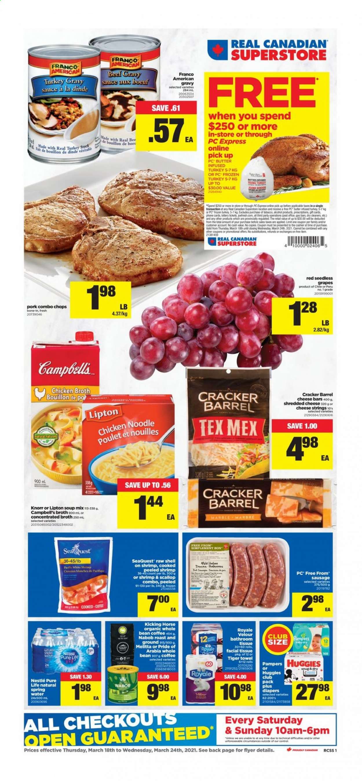 thumbnail - Real Canadian Superstore Flyer - March 18, 2021 - March 24, 2021 - Sales products - grapes, seedless grapes, scallops, beef gravy, Campbell's, soup mix, soup, sauce, noodles, sausage, shredded cheese, butter, crackers, bouillon, chicken broth, broth, turkey gravy, spring water, coffee, alcohol, whole turkey, turkey, nappies, bath tissue, towel, Knorr, Nestlé, Huggies, Pampers. Page 1.