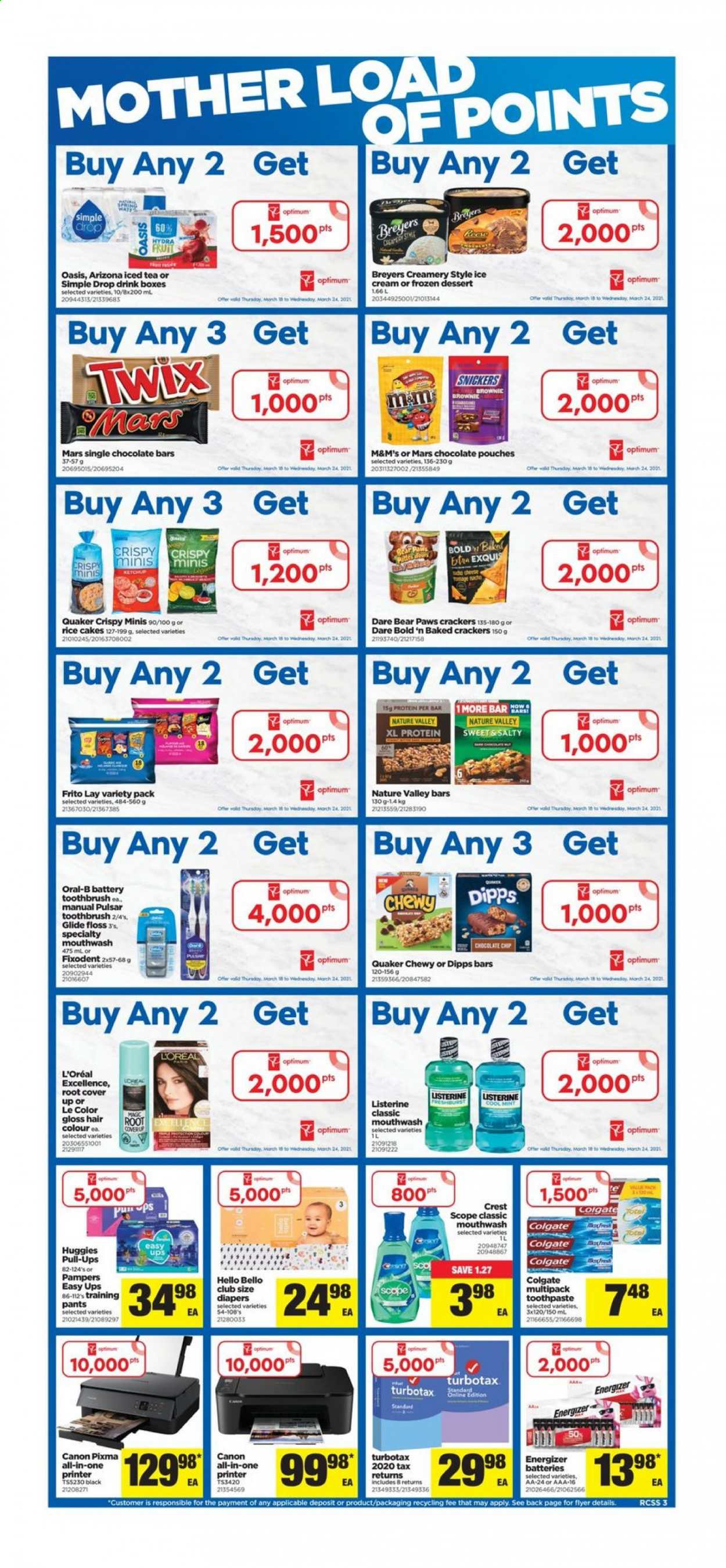 thumbnail - Real Canadian Superstore Flyer - March 18, 2021 - March 24, 2021 - Sales products - brownies, Quaker, cheese, ice cream, chocolate chips, Snickers, Twix, Mars, crackers, chocolate bar, Nature Valley, ice tea, AriZona, pants, nappies, baby pants, toothbrush, toothpaste, mouthwash, Fixodent, Crest, L’Oréal, hair color, Paws, Optimum, Listerine, Huggies, Pampers, Oral-B, M&M's. Page 3.