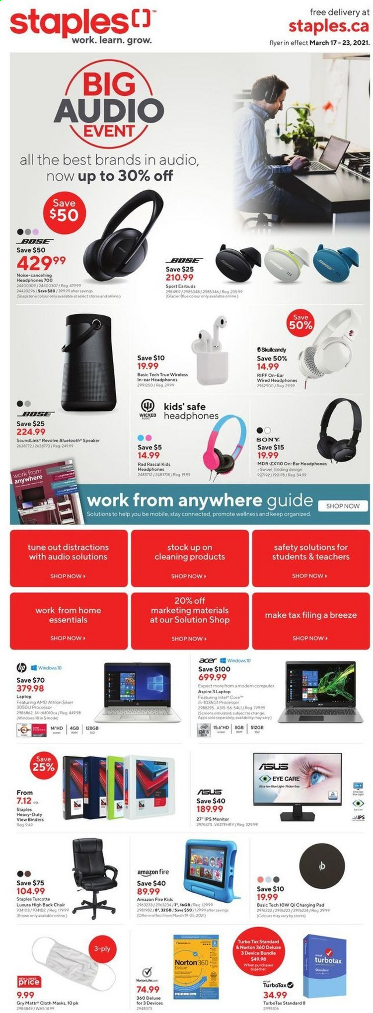 thumbnail - Staples Flyer - March 17, 2021 - March 23, 2021 - Sales products - Intel, Norton, Acer, Hewlett Packard, Amazon Fire, computer, Athlon, BOSE, speaker, laptop, monitor, Sony. Page 1.
