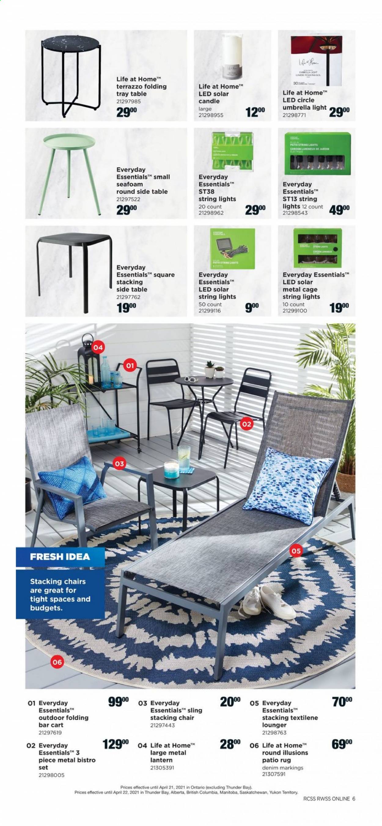 thumbnail - Real Canadian Superstore Flyer - March 18, 2021 - April 22, 2021 - Sales products - candle, table, chair, sidetable, lantern, metal lantern, solar string, string lights, cart. Page 4.