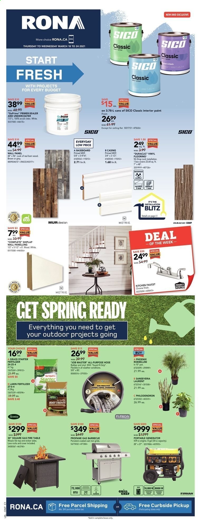 thumbnail - RONA Flyer - March 18, 2021 - March 24, 2021 - Sales products - table, faucet, paint, flooring, shiplap, wall paneling, generator, pot, fertilizer. Page 1.
