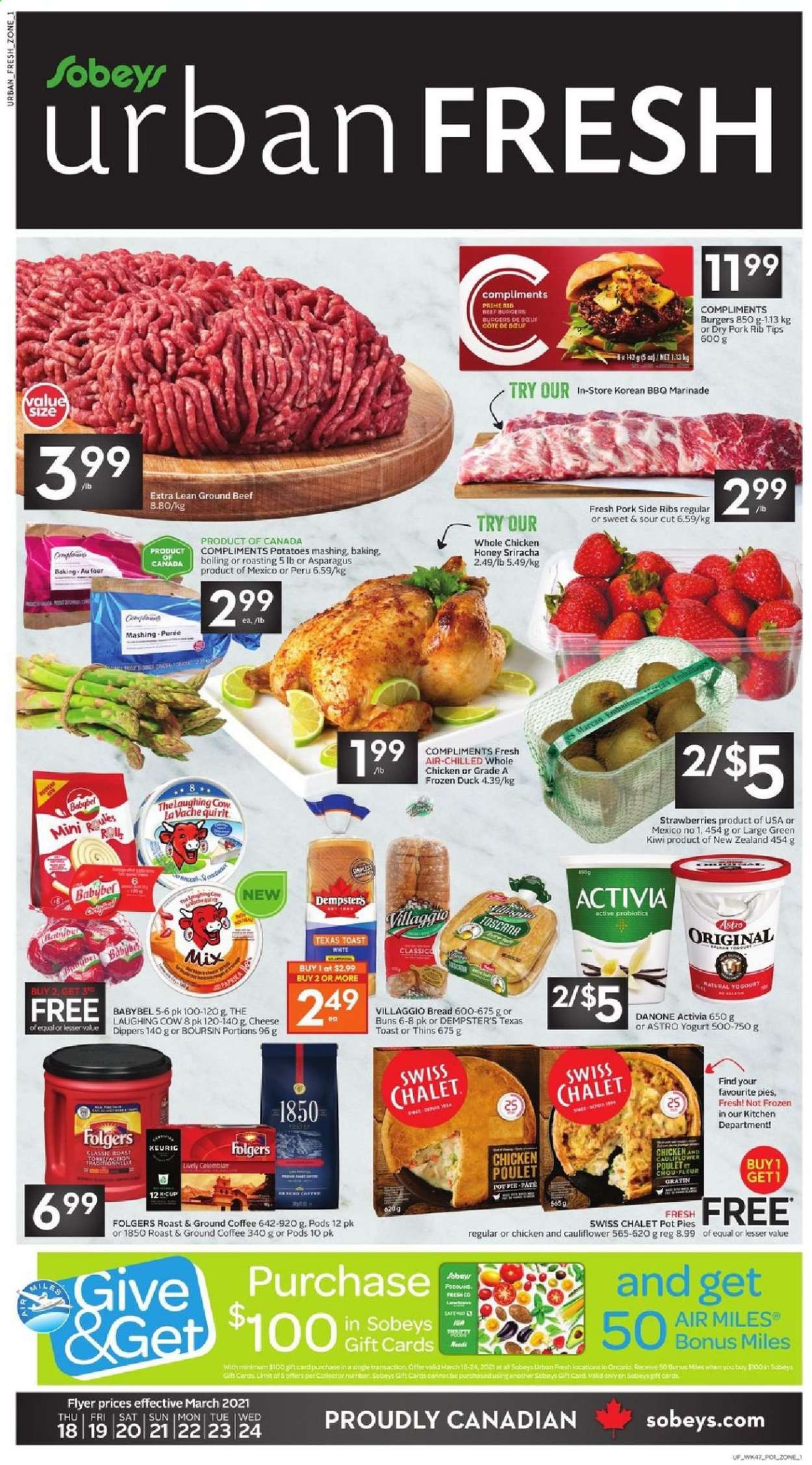 thumbnail - Sobeys Urban Fresh Flyer - March 18, 2021 - March 24, 2021 - Sales products - bread, buns, pot pie, asparagus, cauliflower, potatoes, strawberries, hamburger, cheese, The Laughing Cow, Babybel, yoghurt, Activia, Thins, sriracha, marinade, Classico, honey, coffee, Folgers, ground coffee, coffee capsules, K-Cups, Keurig, whole chicken, chicken, whole duck, beef meat, ground beef, Danone, kiwi. Page 1.
