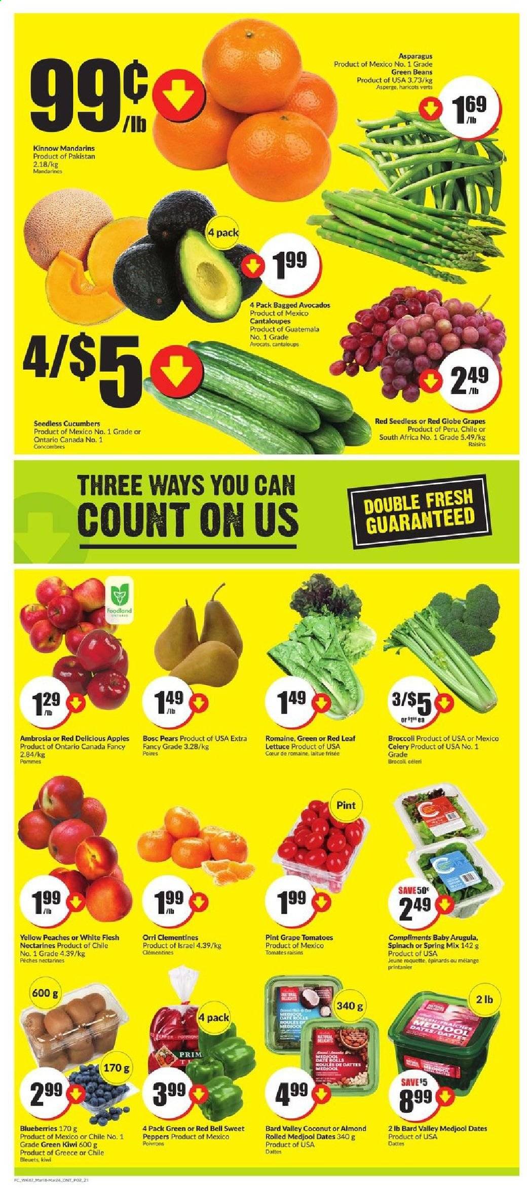 thumbnail - FreshCo. Flyer - March 18, 2021 - March 24, 2021 - Sales products - asparagus, beans, broccoli, cantaloupe, celery, cucumber, green beans, tomatoes, lettuce, peppers, apples, avocado, blueberries, clementines, mandarines, nectarines, Red Delicious apples, Red Globe, pears, coconut, kinnow, peaches, dried fruit, dried dates, kiwi, raisins. Page 2.