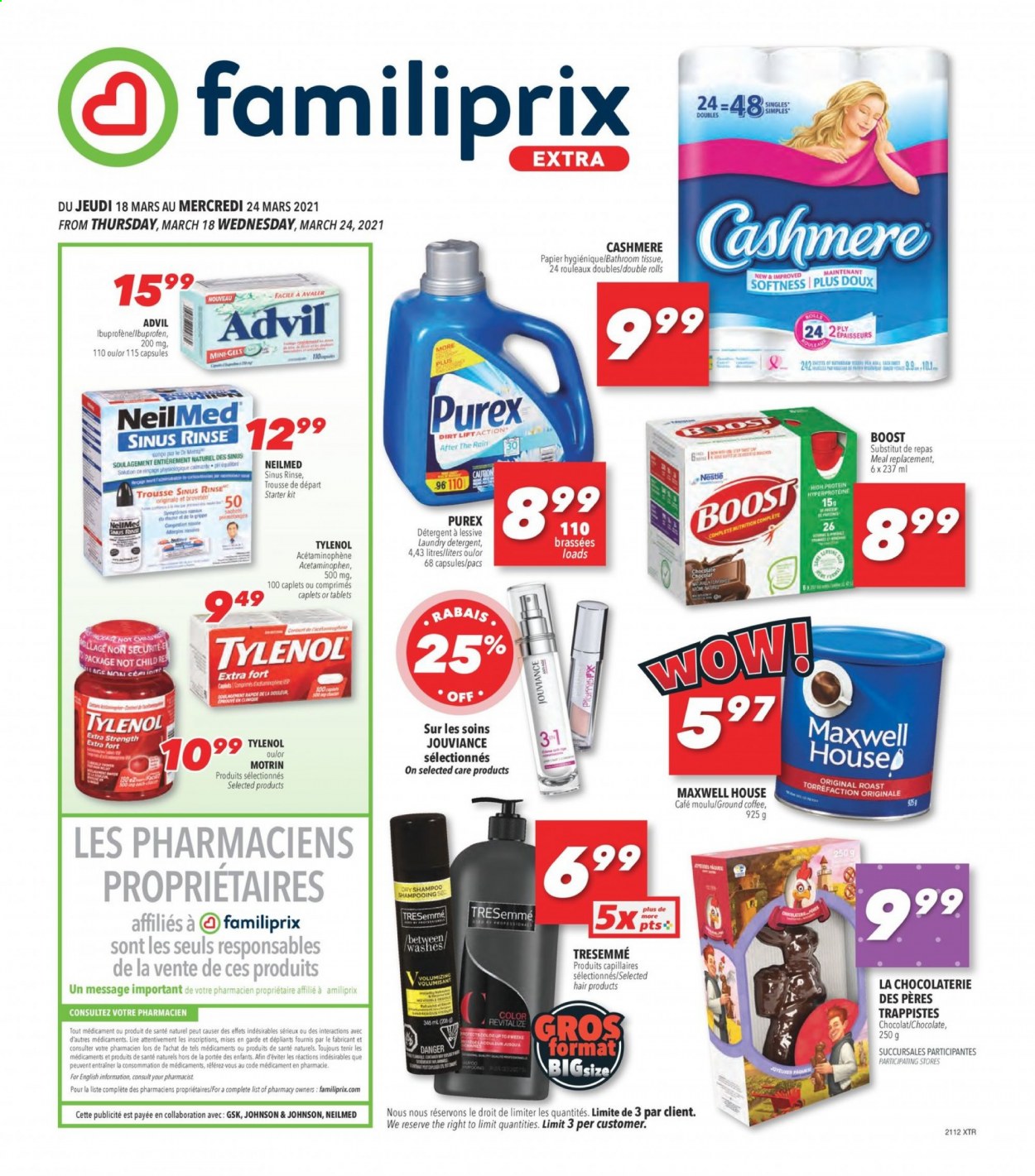 thumbnail - Familiprix Extra Flyer - March 18, 2021 - March 24, 2021 - Sales products - chocolate, Mars, Boost, Maxwell House, coffee, ground coffee, Johnson's, bath tissue, laundry detergent, Purex, TRESemmé, Tylenol, Advil Rapid, Motrin, Nestlé, shampoo. Page 1.
