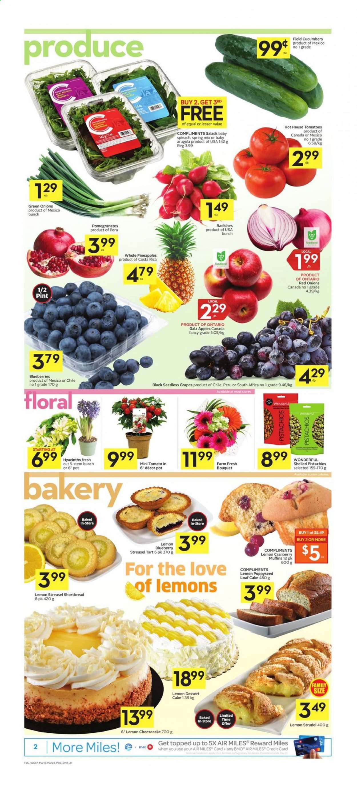 thumbnail - Foodland Flyer - March 18, 2021 - March 24, 2021 - Sales products - cake, tart, strudel, cheesecake, muffin, loaf cake, arugula, cucumber, radishes, red onions, tomatoes, green onion, apples, blueberries, Gala, grapes, seedless grapes, pineapple, pomegranate, pistachios. Page 2.