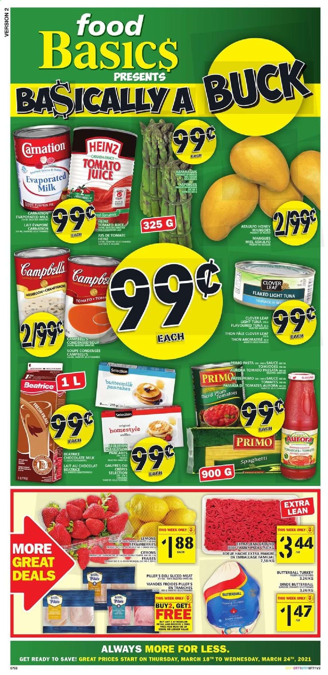 thumbnail - Food Basics Flyer - March 18, 2021 - March 24, 2021 - Sales products - pie, waffles, asparagus, tomatoes, pumpkin, strawberries, lemons, tuna, Campbell's, spaghetti, condensed soup, soup, pasta, sauce, pancakes, instant soup, Butterball, Clover, buttermilk, evaporated milk, milk chocolate, chocolate, tomato sauce, Heinz, light tuna, tomato juice, juice, beef meat, ground beef. Page 1.